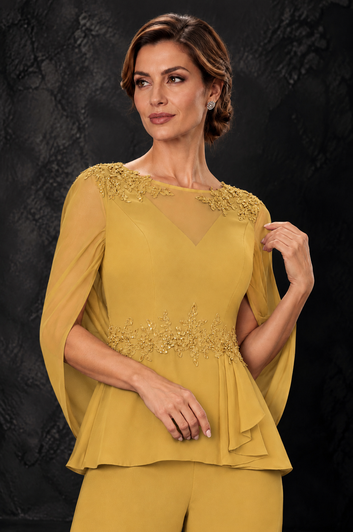 BOLODOO Gold Embellished Cape Sleeve Mother of the Bride Pantsuit - Gold - Gold_3