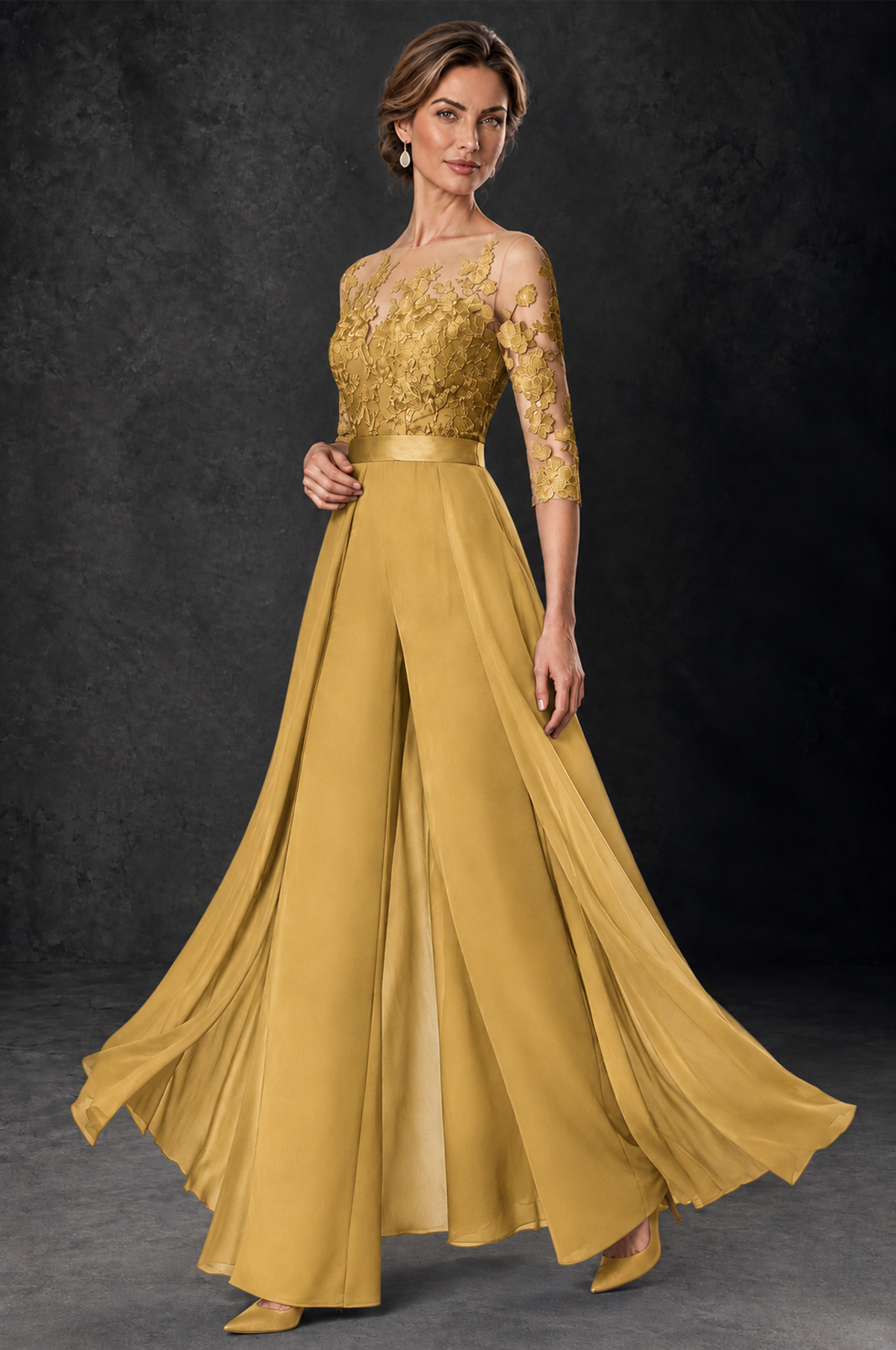 BOLODOO Gold Lace Wide-Leg Jumpsuit with Three-Quarter Sleeves - Gold - Gold_3