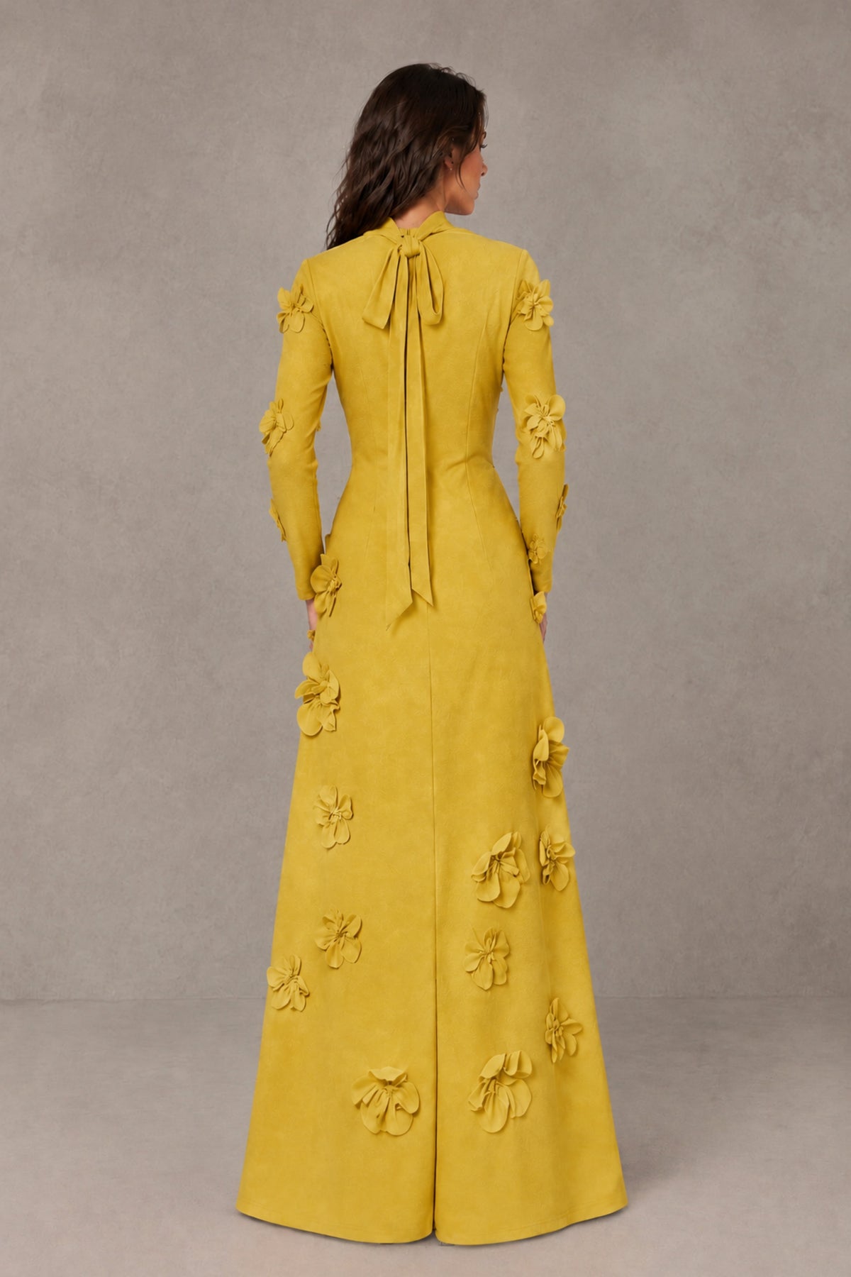 BOLODOO Gold High Neck Long Sleeve 3D Floral Evening Gown - Gold