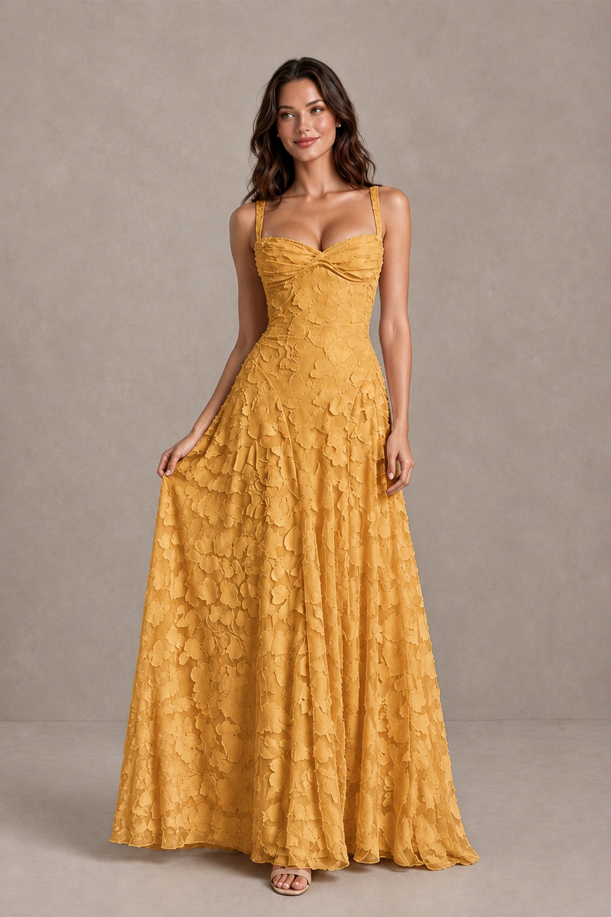 BOLODOO Gold Floral-Textured A-Line Dress with Lace-Up Back - Gold - Gold_3