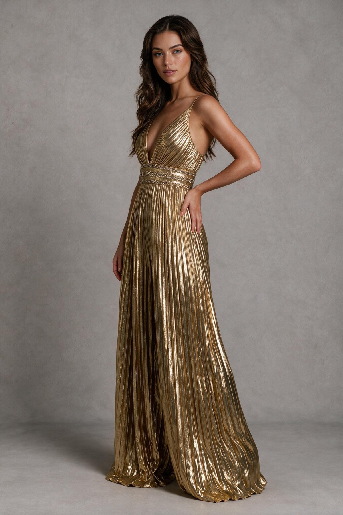 BOLODOO Gold Pleated Wide-Leg Jumpsuit with Open Back - Gold