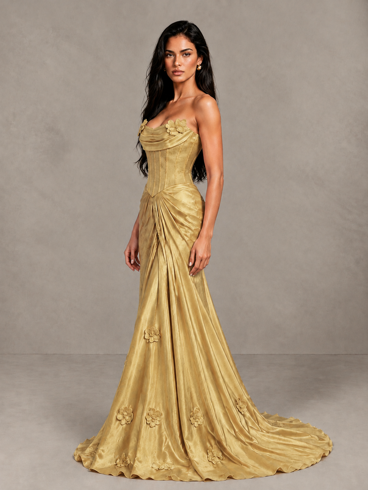BOLODOO Gold Strapless Floral Corset Evening Gown with Train - Gold - Gold_3