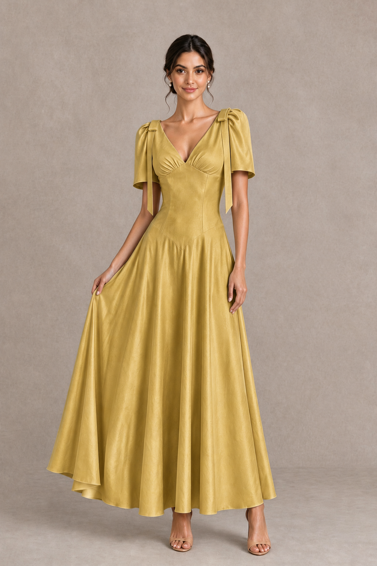 BOLODOO Gold V-Neck Short Sleeve Satin-Look Bridesmaid Dress with Shoulder Bows - Gold - Gold_3