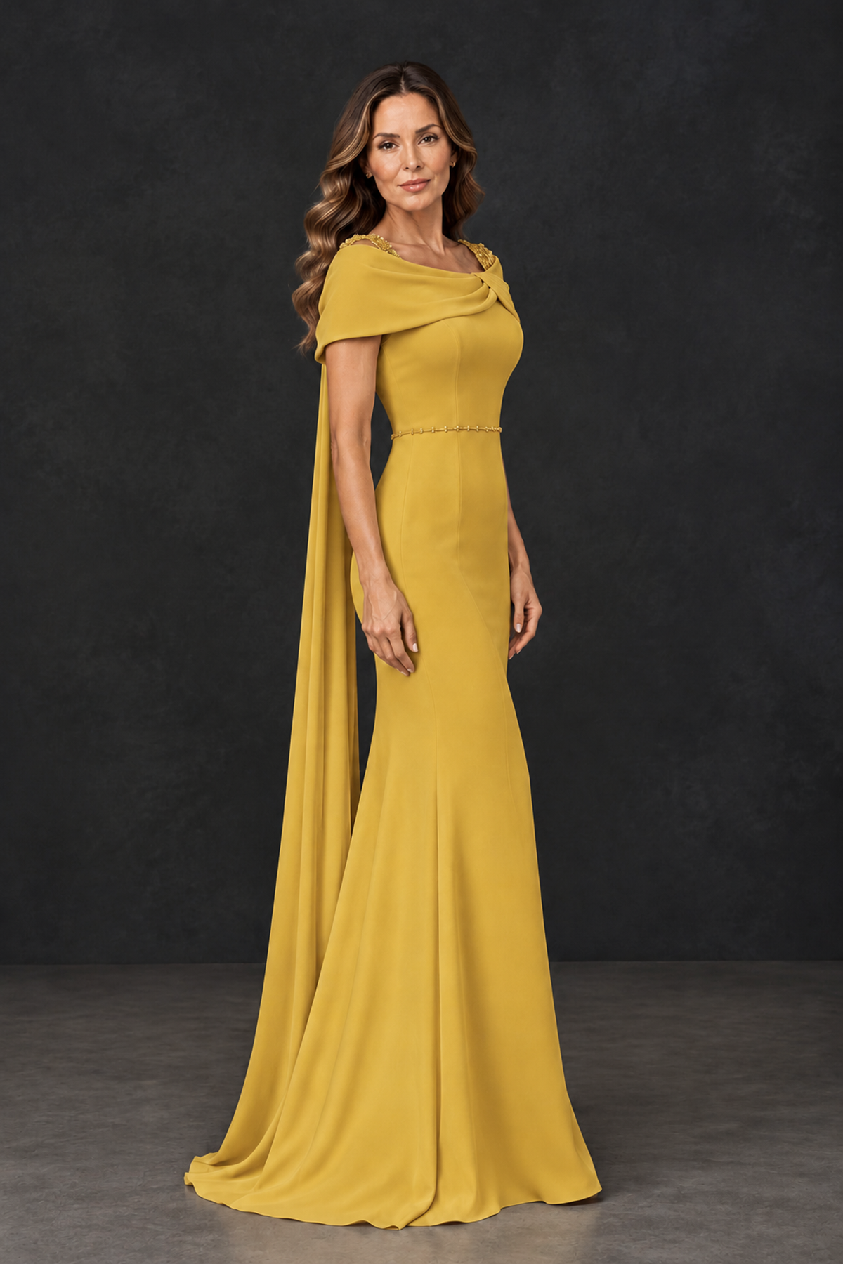 BOLODOO Gold Mother of the Bride Dress with Draped Cape Detail - Gold - Gold_3
