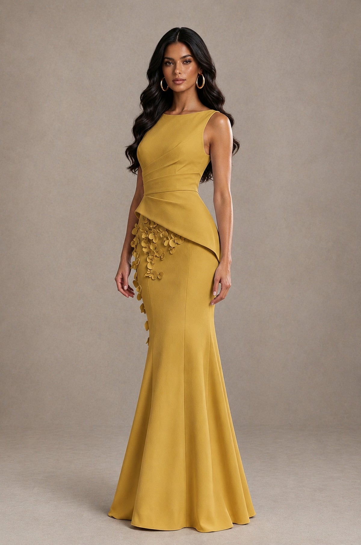 BOLODOO Gold Bateau Neck Sleeveless Asymmetric Peplum 3D Petal Appliqué Mermaid Gown BD0421 - Gold - Gold_3
