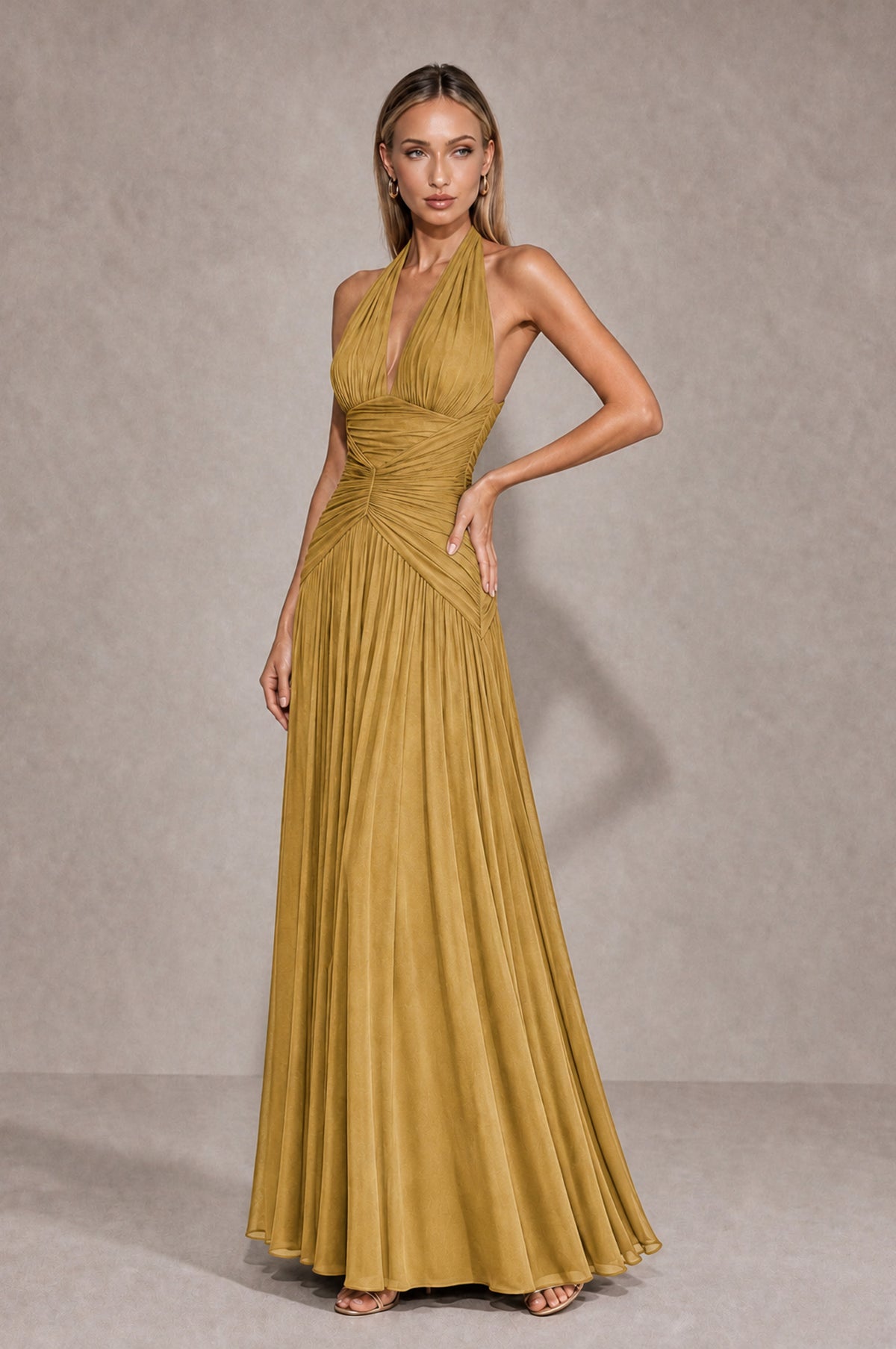 BOLODOO Gold Chiffon Halter Deep V-Neck Ruched A-Line Backless Maxi Dress with Train-BD0167 - Gold - Gold_3