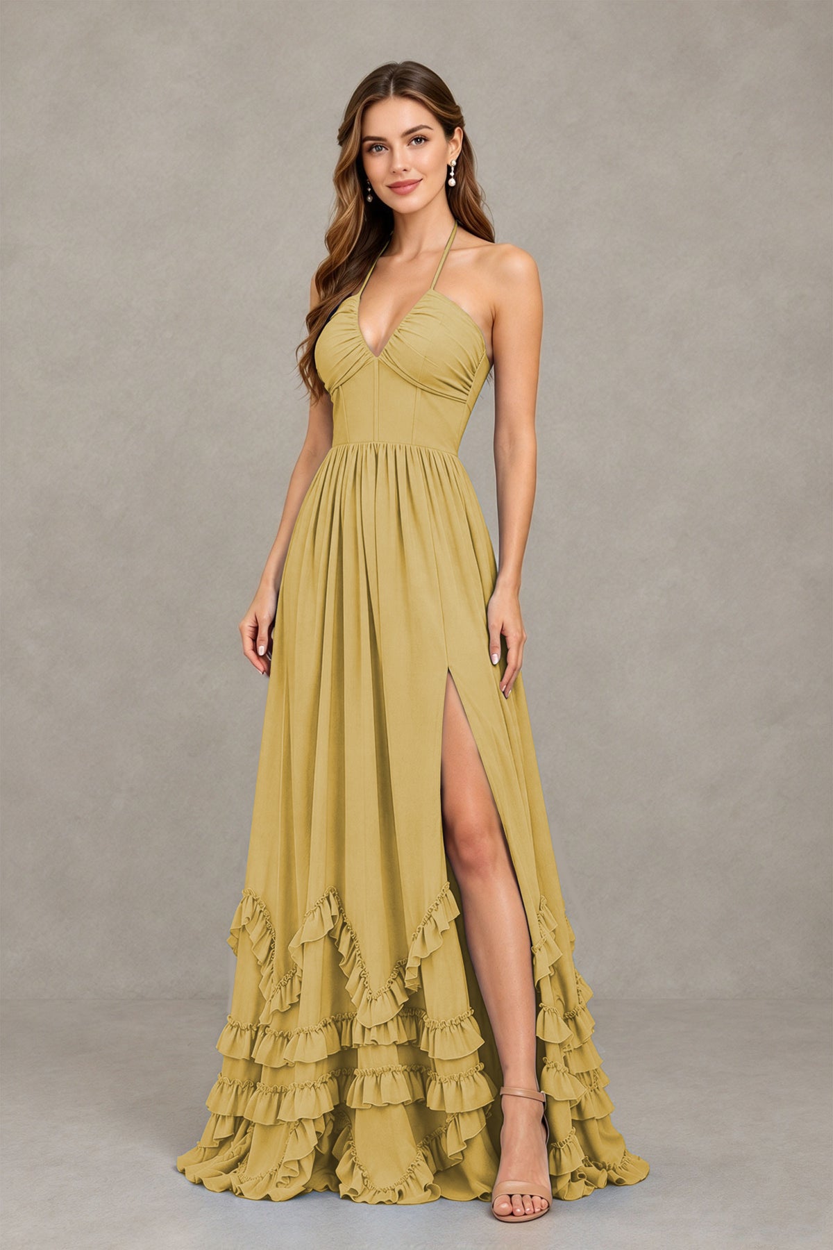 BOLODOO Gold Halter Ruffle Hem A-Line Bridesmaid Dress with High Slit - Gold - Gold(3)
