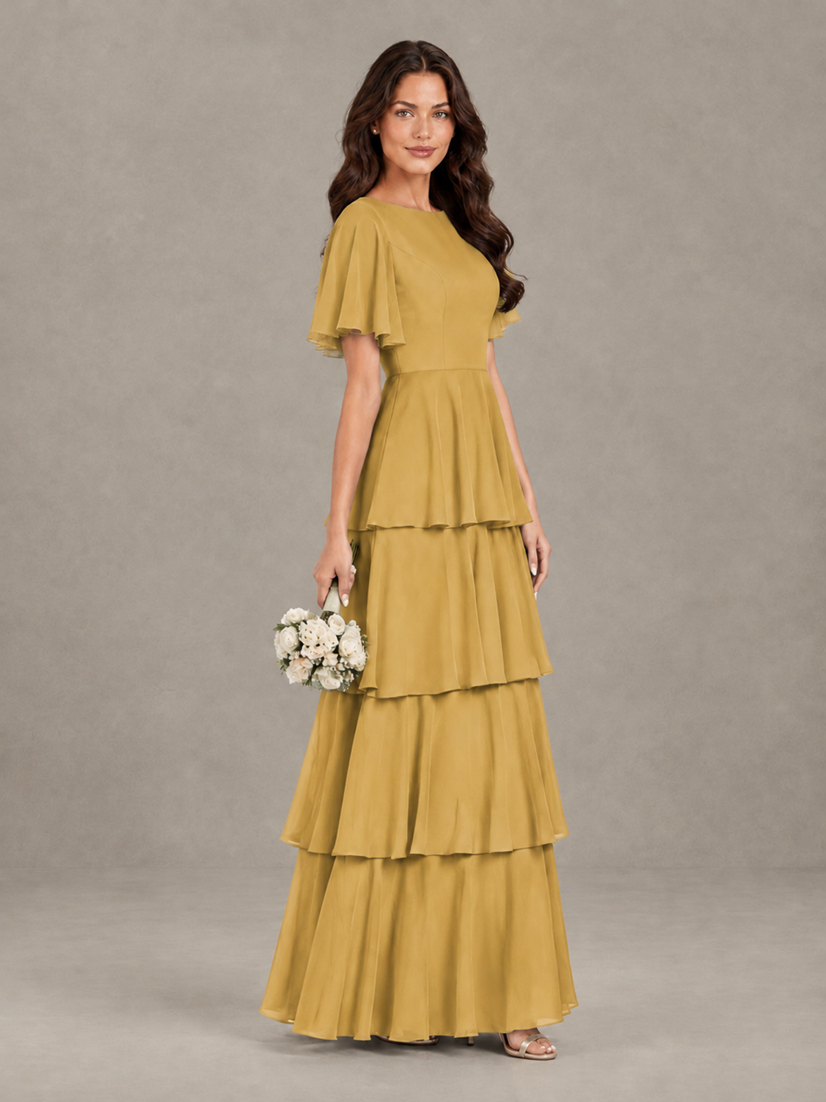 BOLODOO Gold Tiered Flutter Sleeve Bridesmaid Dress - Gold - Gold_3