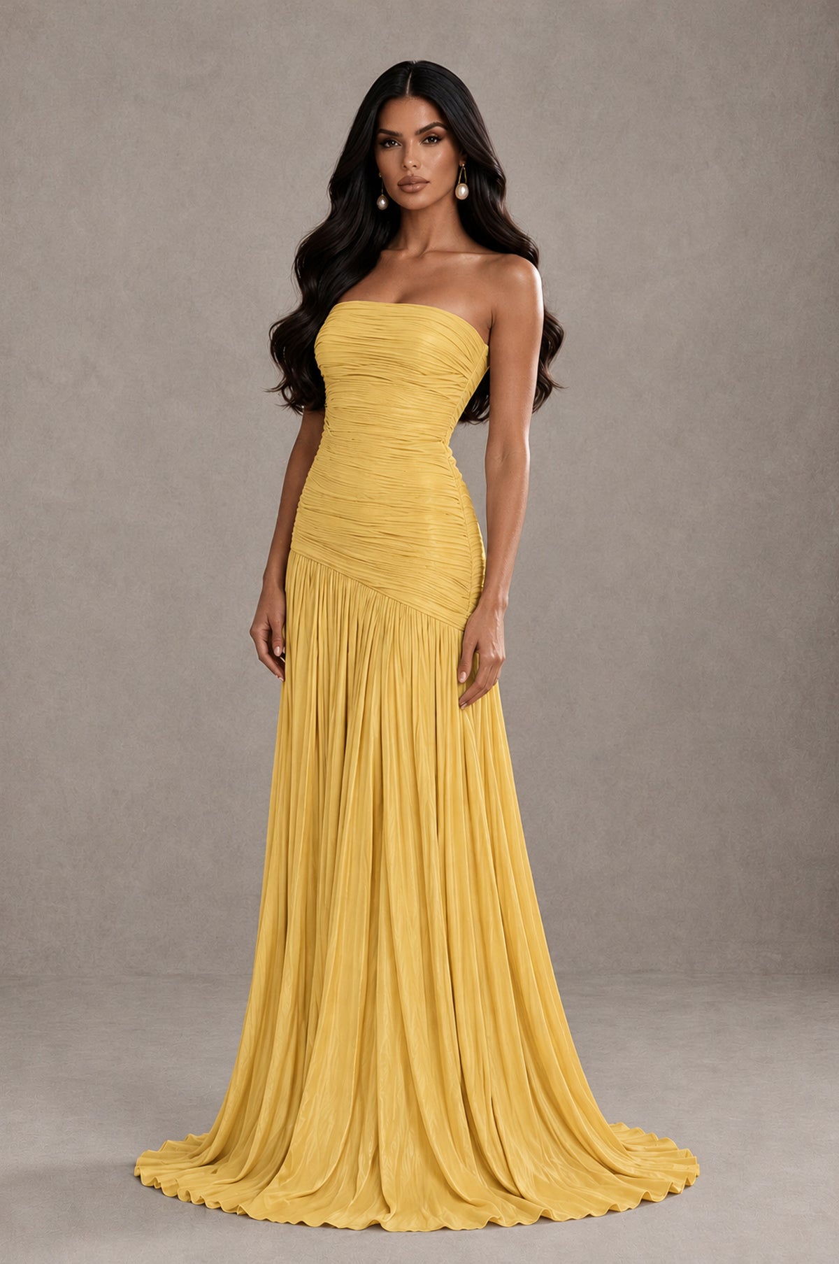 BOLODOO Gold Metallic Ruched Strapless Pleated A-Line Backless Maxi Dress with Train - Gold - Gold_3