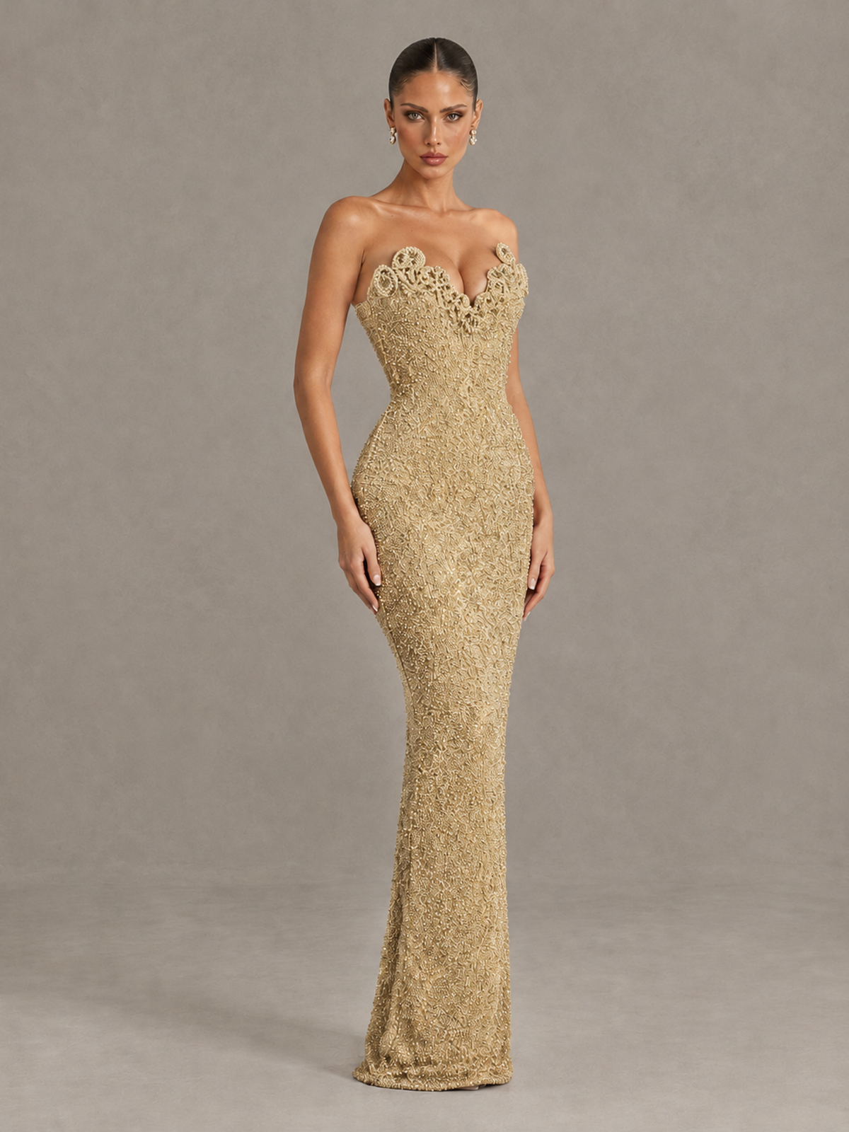 BOLODOO Gold Strapless Sequin Evening Gown with Floral Neckline - Gold - Gold_3