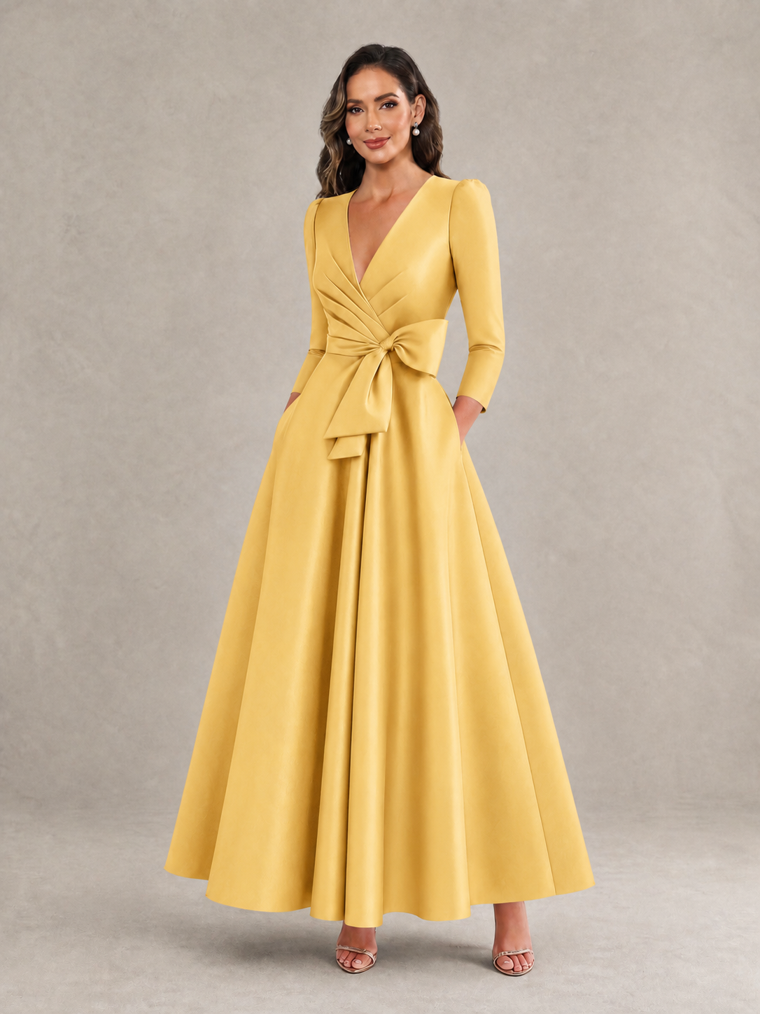 BOLODOO Gold Satin Deep V-Neck Wrap 3/4 Puff Sleeve A-Line Ball Gown Maxi Dress with Oversized Bow Belt - Gold