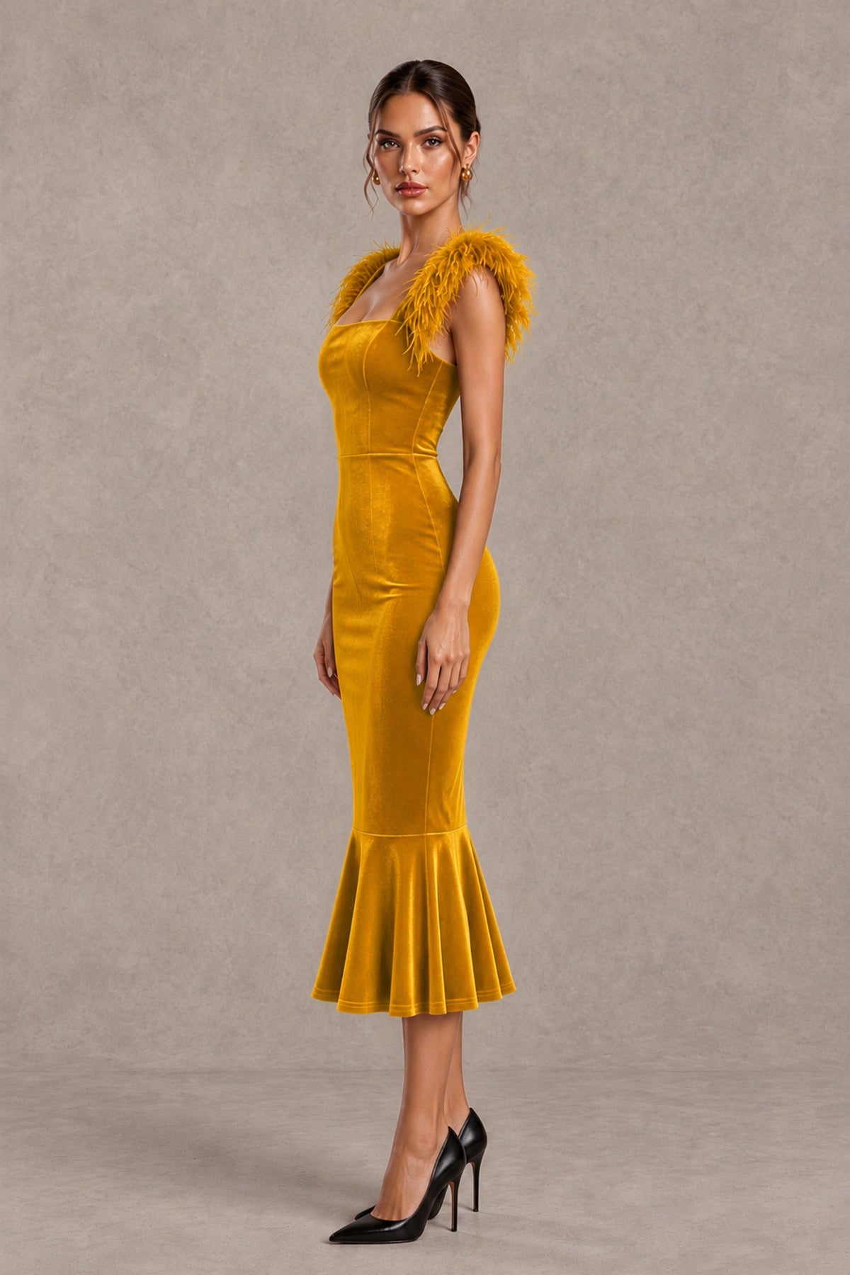 BOLODOO Gold Feather-Trim Velvet-Look Mermaid Midi Dress - Gold - Gold_3