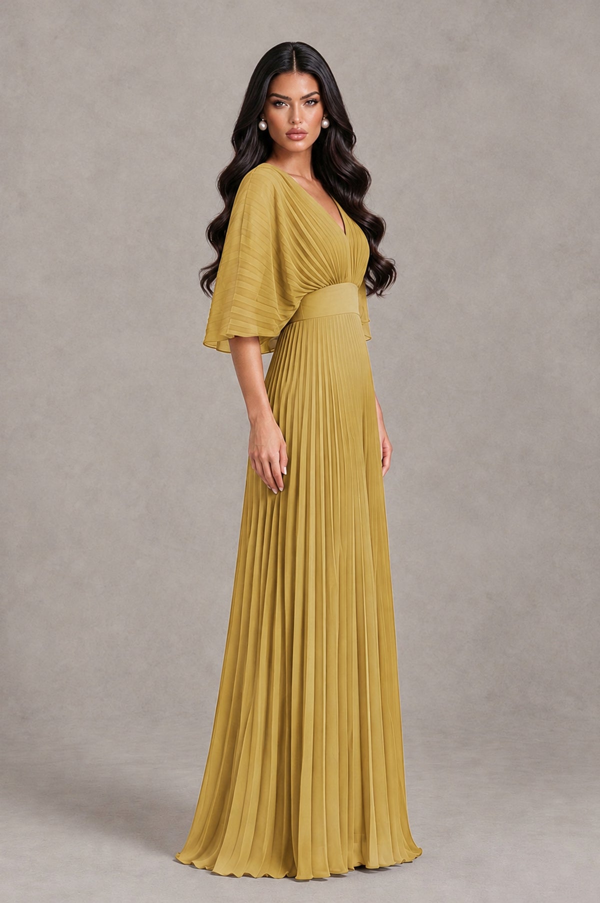 BOLODOO Gold V-Neck Pleated Flutter Sleeve Formal Dress - Gold - Gold_3