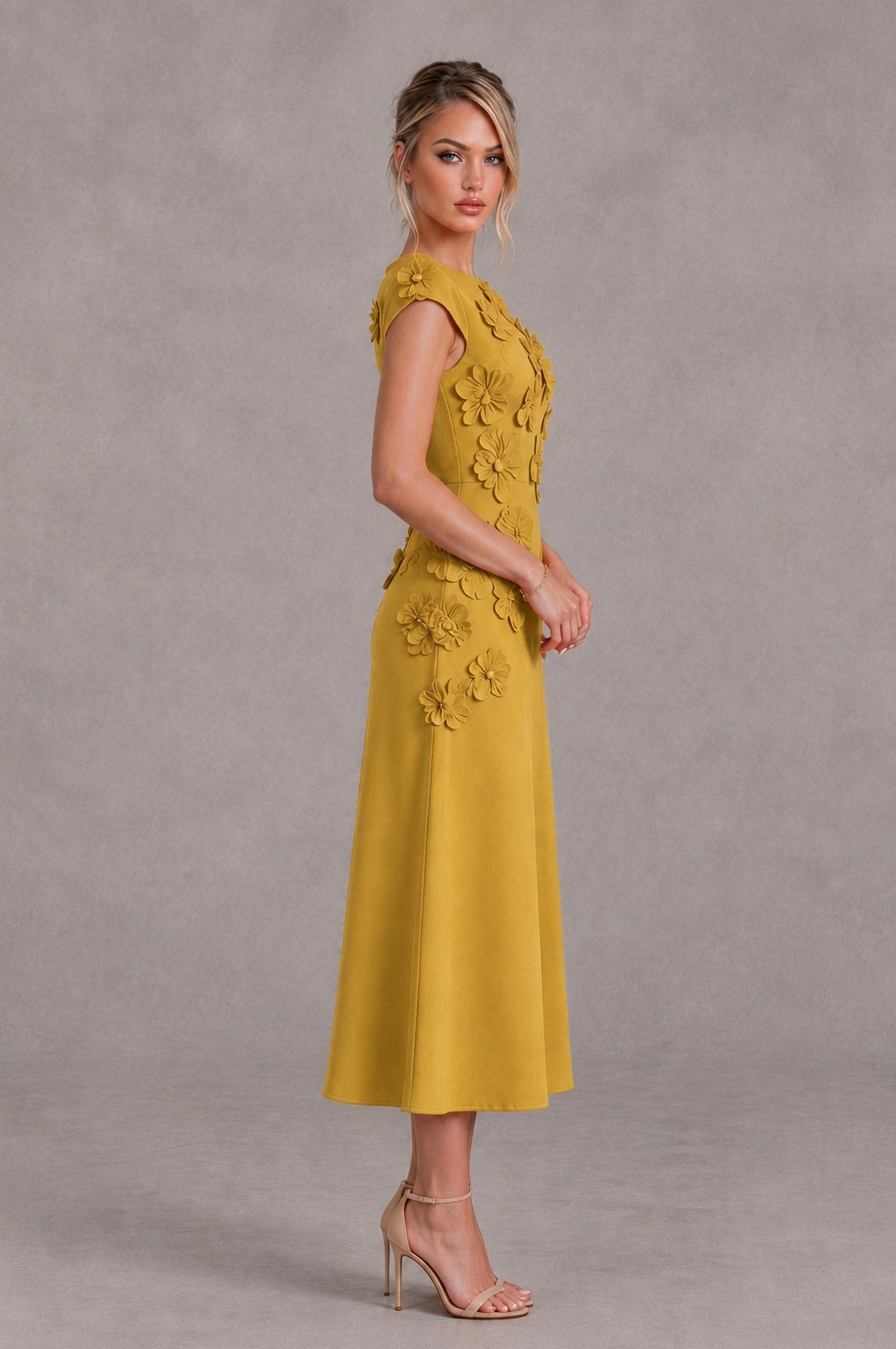 BOLODOO Gold 3D Floral Cap Sleeve Midi Cocktail Dress - Gold - Gold_3