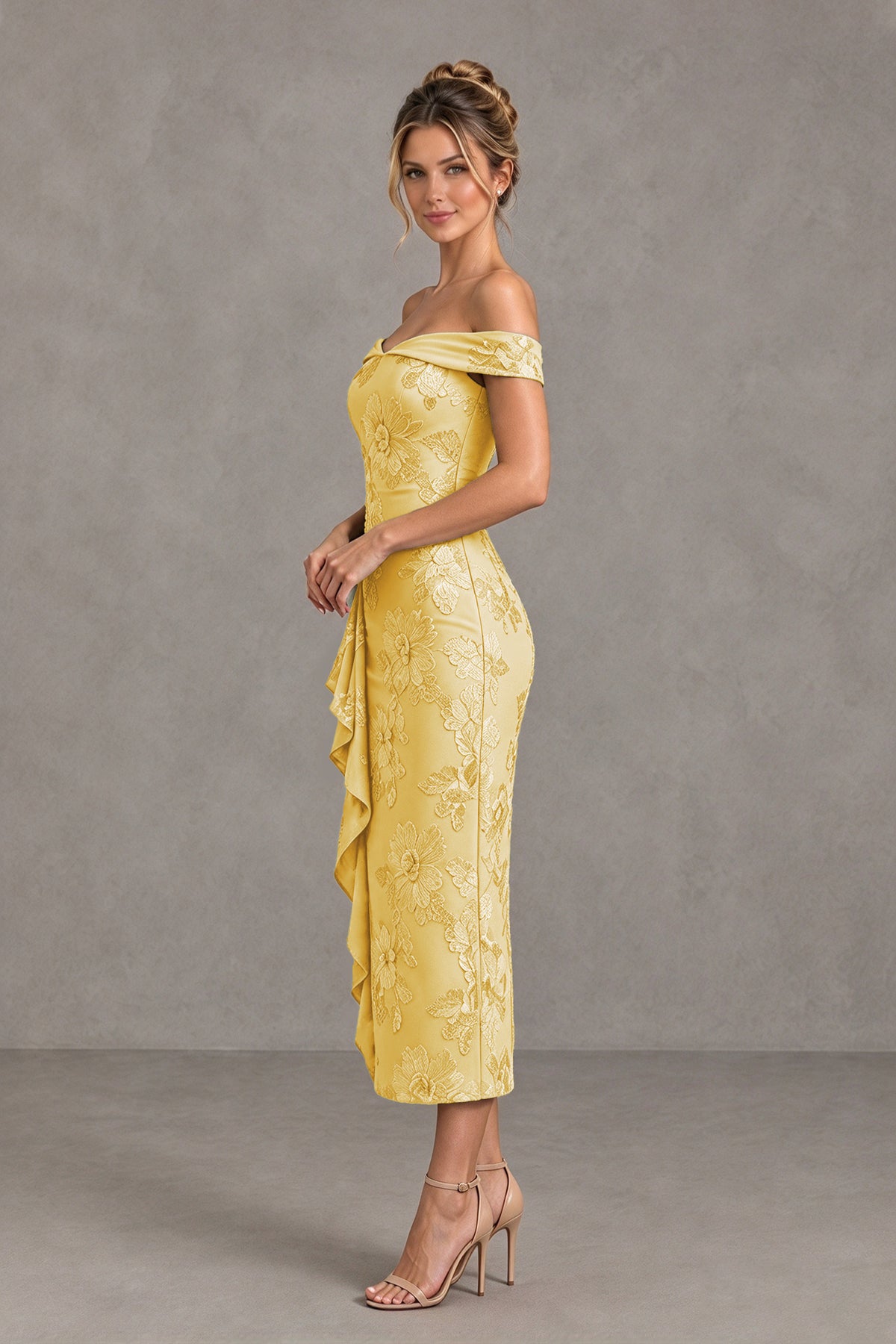 BOLODOO Gold Off Shoulder Floral Jacquard Midi Dress - Gold - Gold(3)