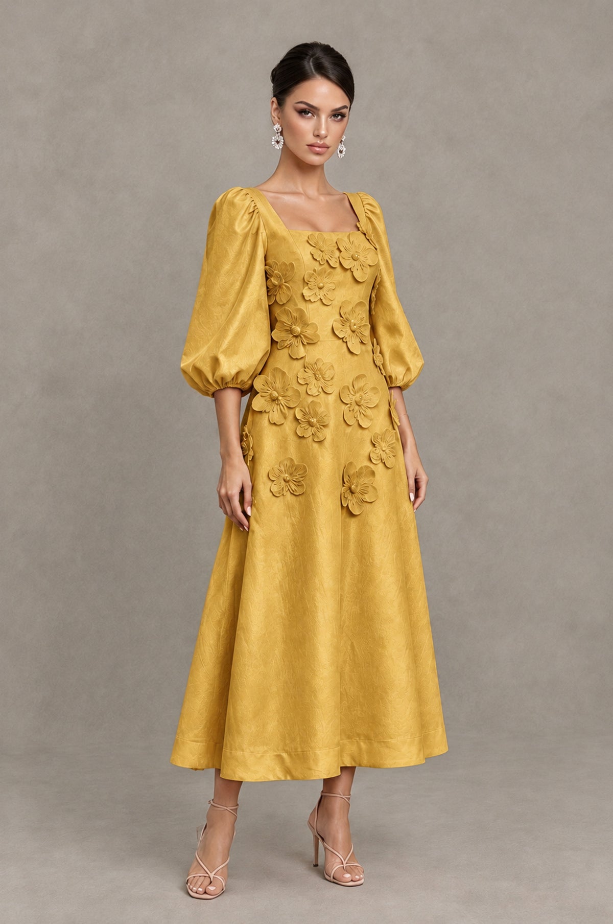 BOLODOO Gold 3D Floral Puff Sleeve Midi Cocktail Dress - Gold - Gold_3