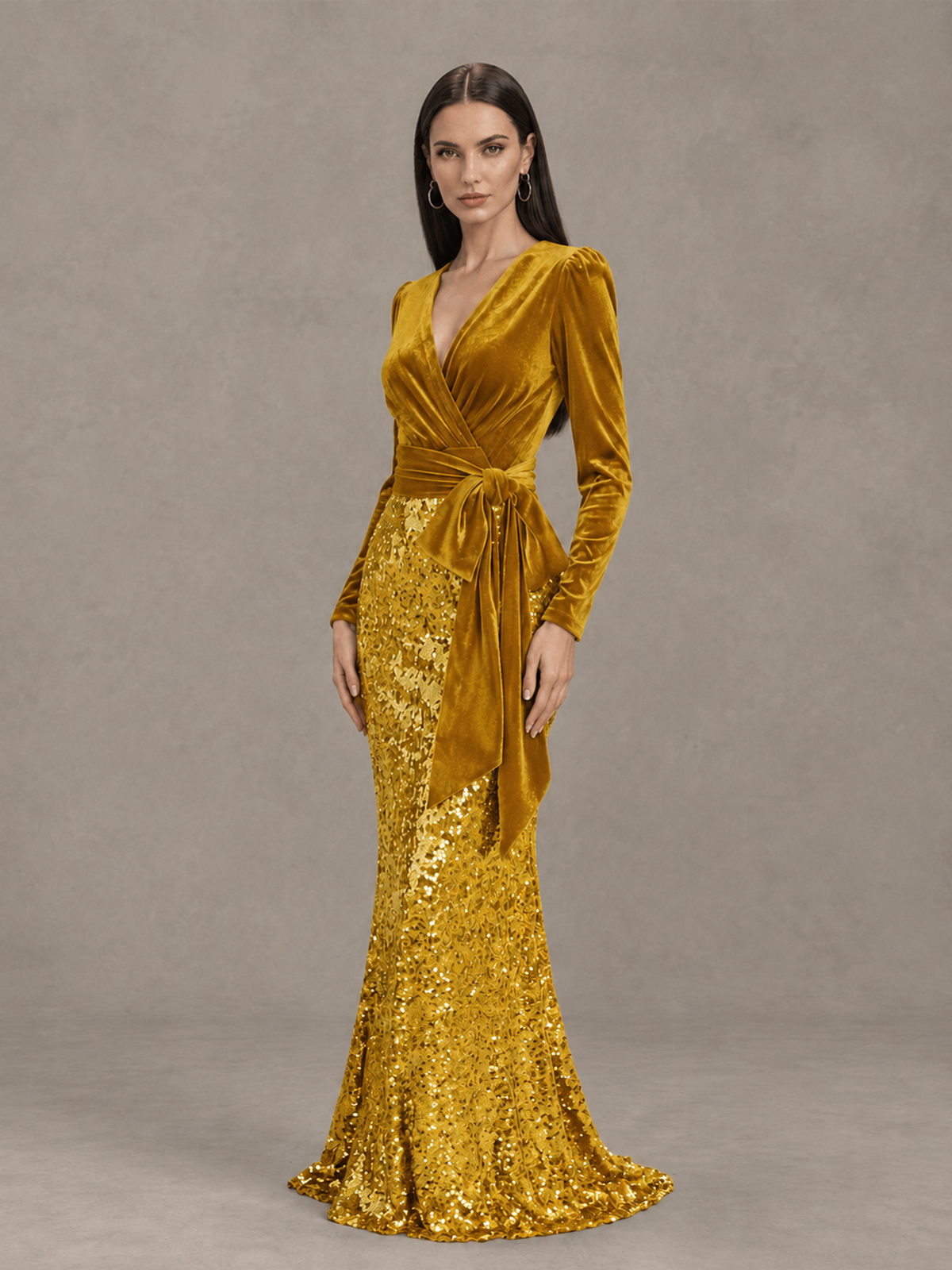 BOLODOO Gold Velvet & Sequin Long Sleeve V-Neck Mermaid Evening Gown - Gold - Gold_3