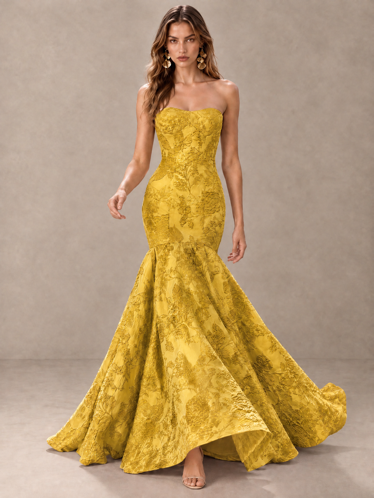 BOLODOO Gold Floral Strapless Mermaid Prom Dress with Train - Gold - Gold_3