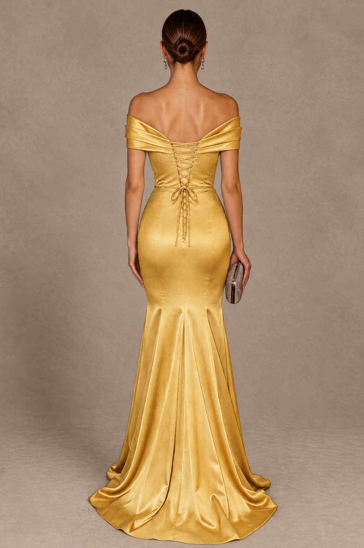 BOLODOO Gold Off-the-Shoulder Ruched Satin Mermaid Evening Dress - Gold - Gold_3