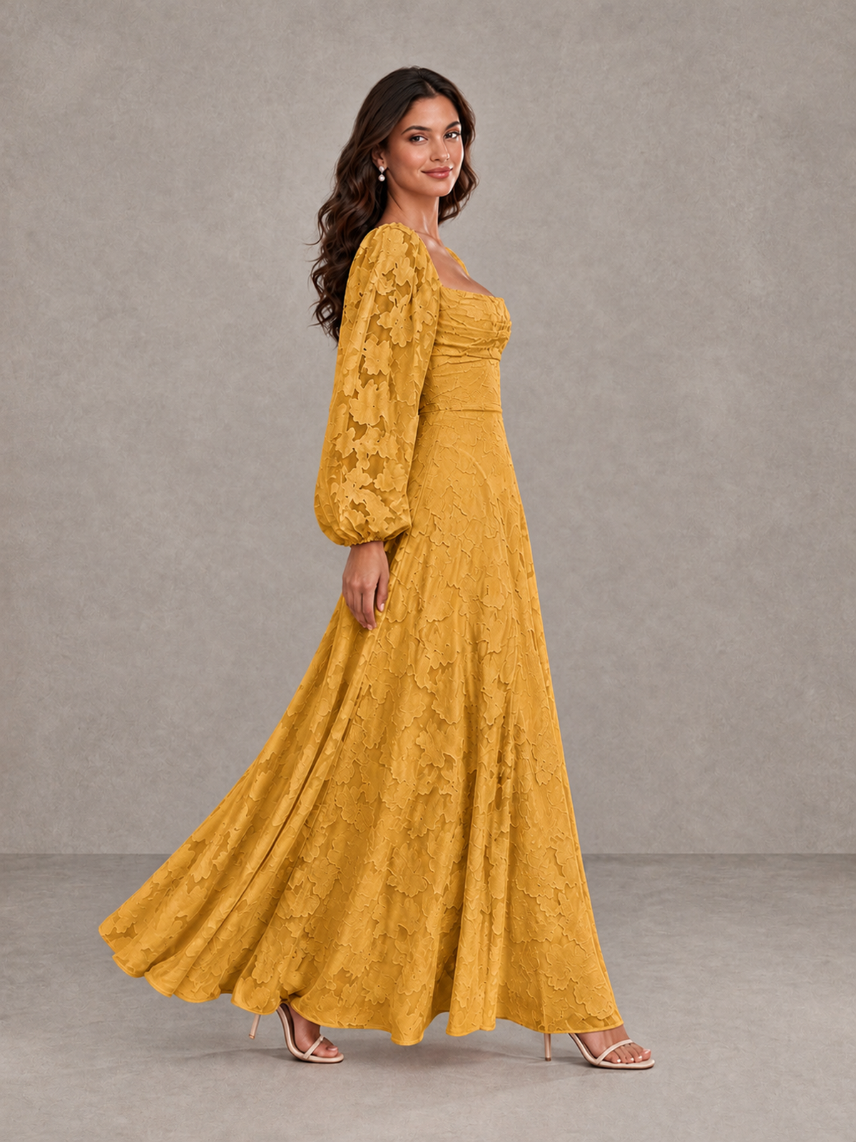 BOLODOO Gold Floral Long Sleeve A-Line Bridesmaid Dress - Gold - Gold_3