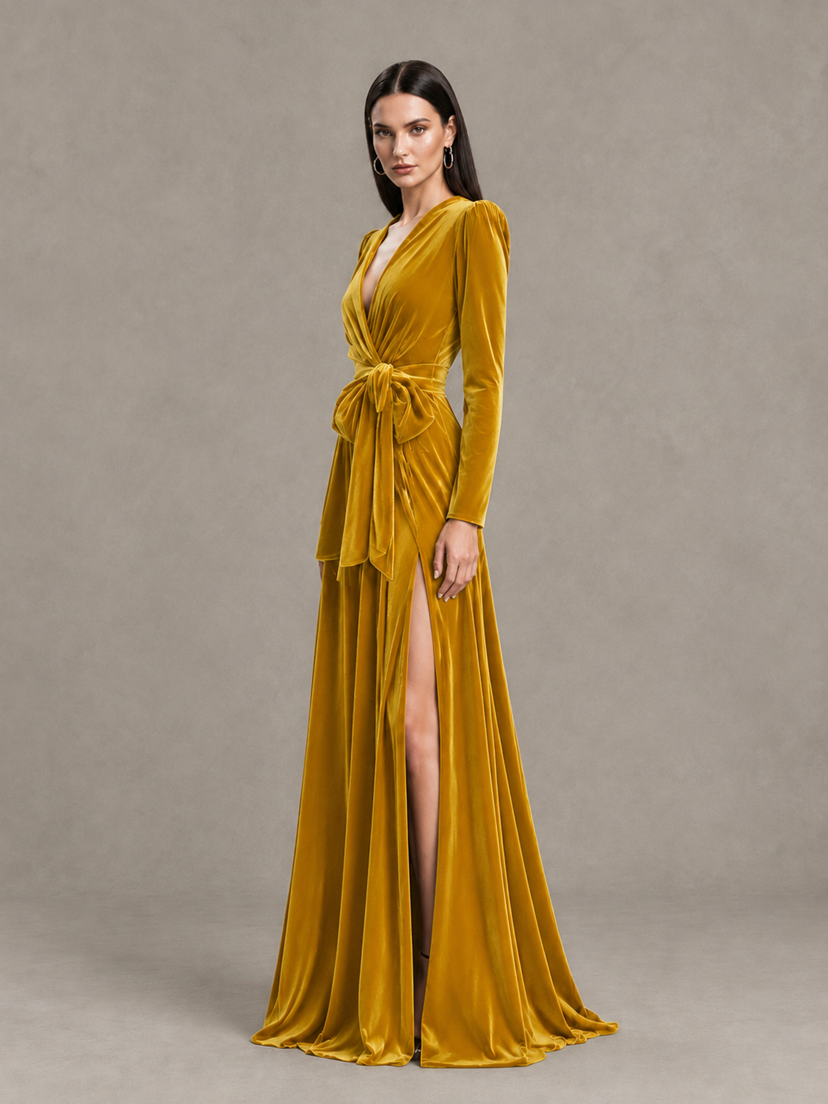 BOLODOO Gold Long Sleeve Velvet-Look Evening Dress with High Slit - Gold - Gold_3