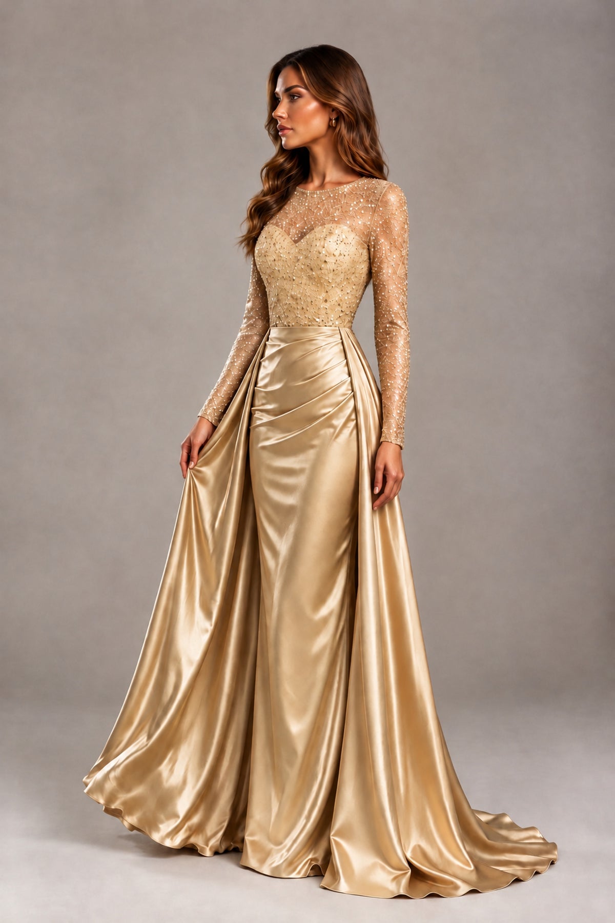 BOLODOO Gold Long Sleeve Embellished Satin Evening Gown with Sweep Train - Gold - Gold_3