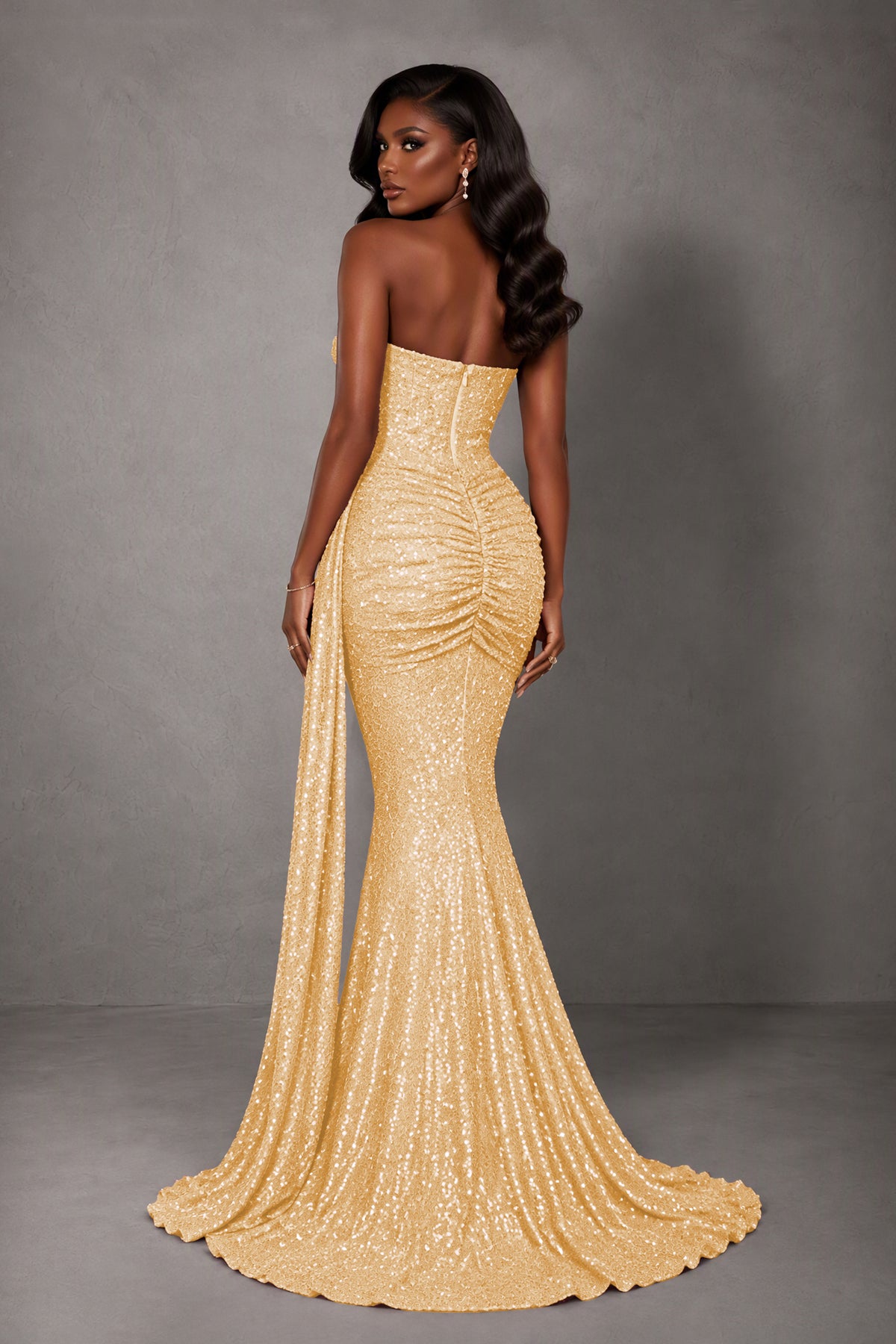 BOLODOO Gold Sequin Strapless Corset Mermaid Evening Gown with Train - Gold