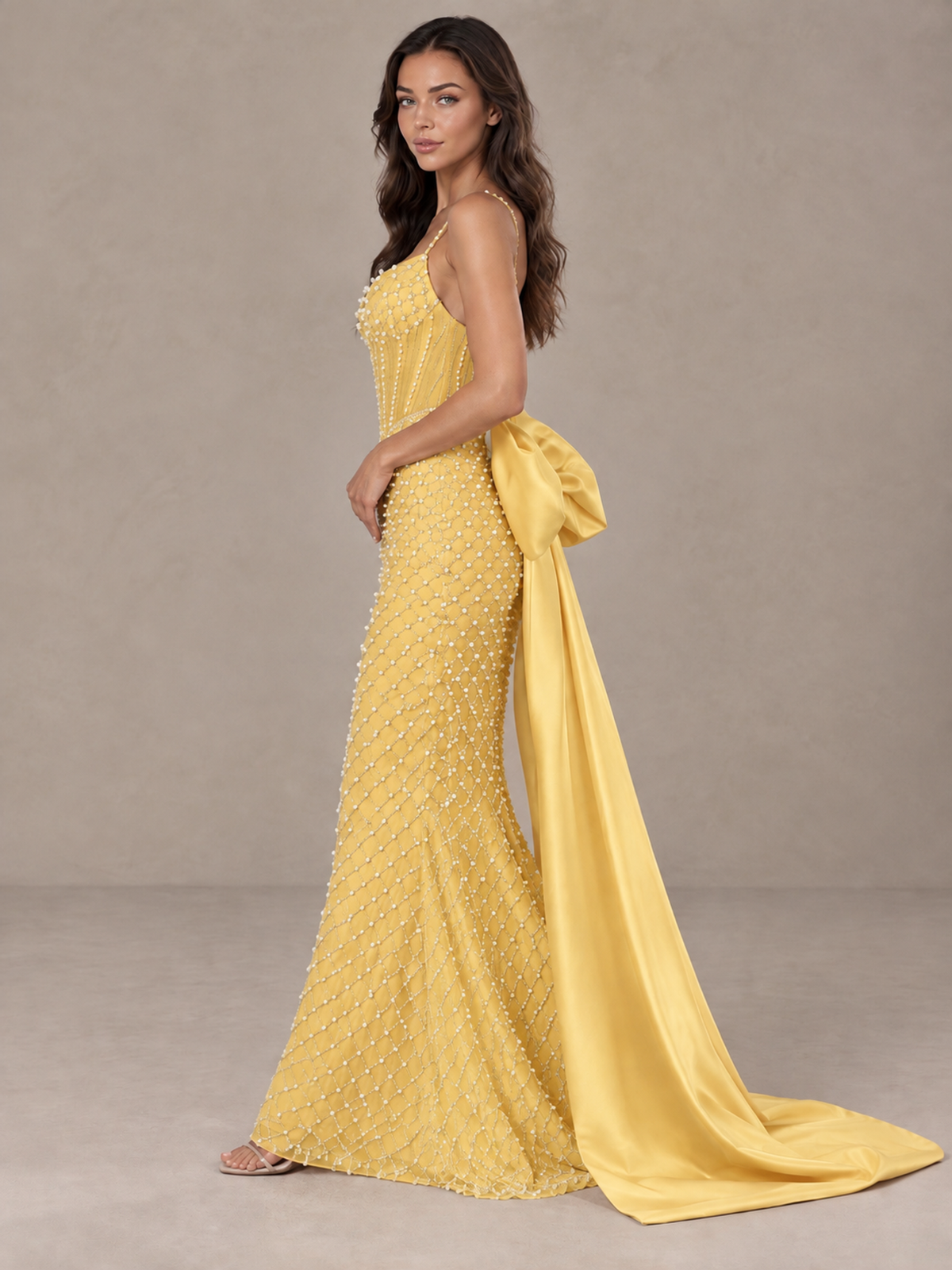BOLODOO Gold Beaded Corset Prom Dress with Bow Train - Gold - Gold_3