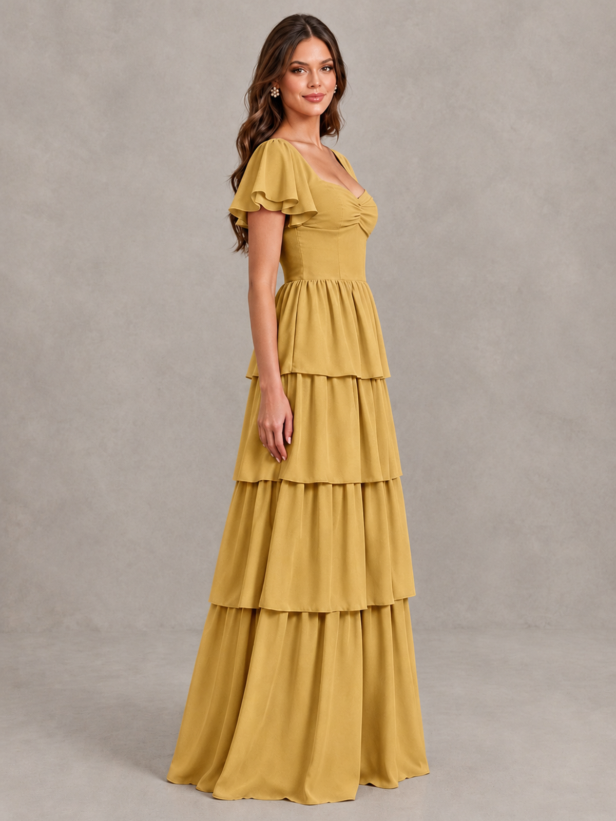 BOLODOO Gold Flutter Sleeve Tiered Maxi Bridesmaid Dress - Gold - Gold_3