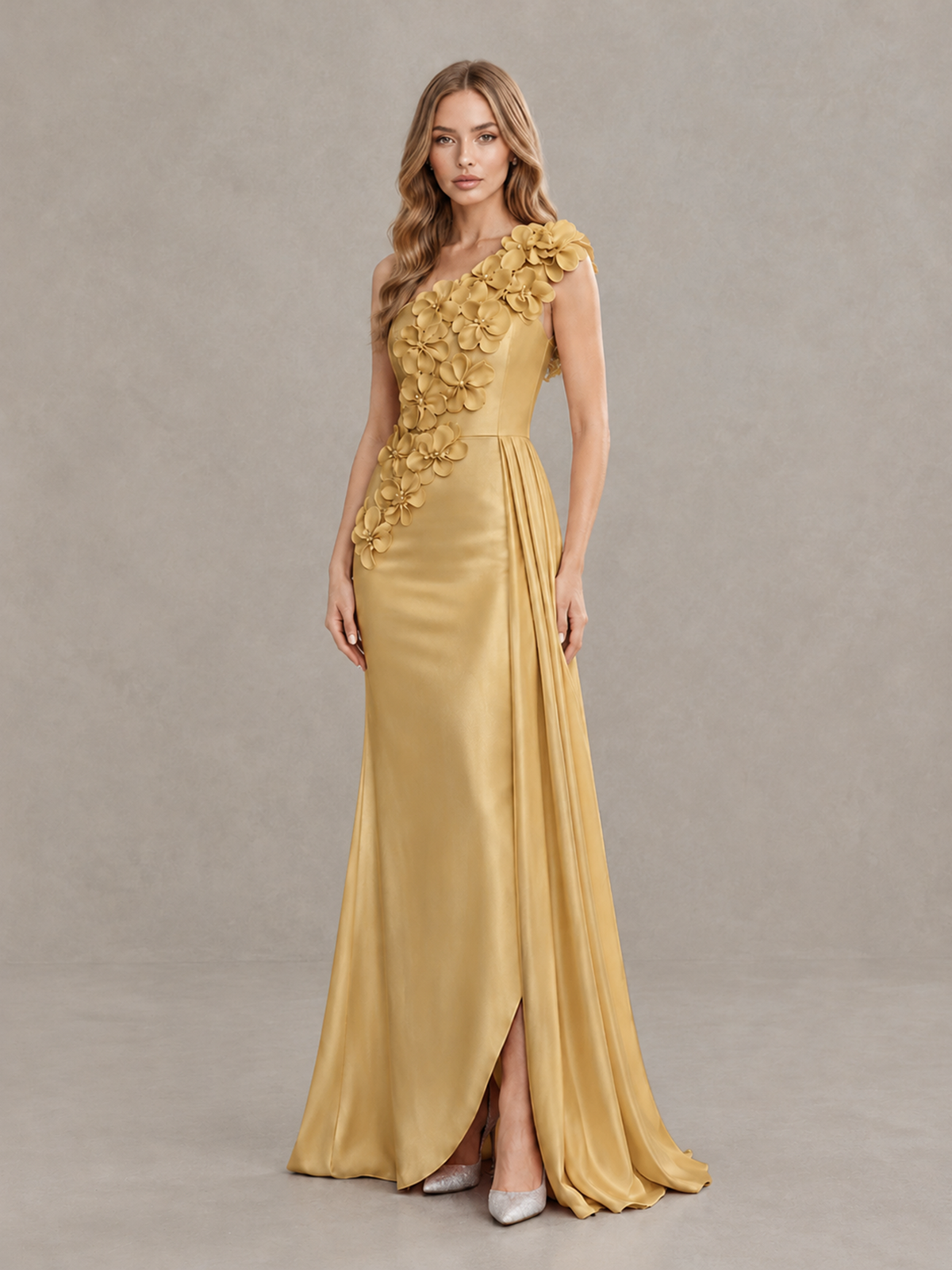 BOLODOO Gold One-Shoulder Satin Mermaid Evening Gown with 3D Floral Appliqué - Gold - Gold_3