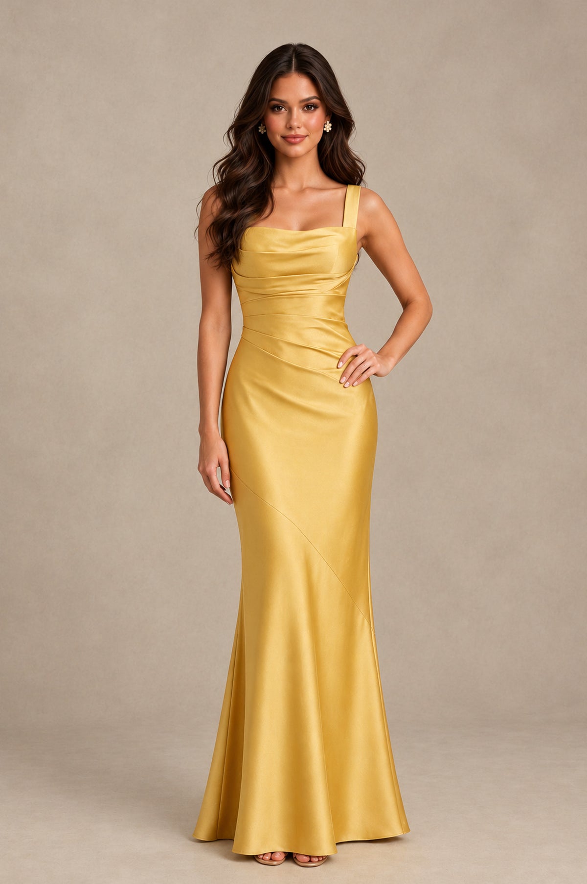 BOLODOO Gold Square Neck Ruched Satin Lace-Up Bridesmaid Dress - Gold - Gold_3