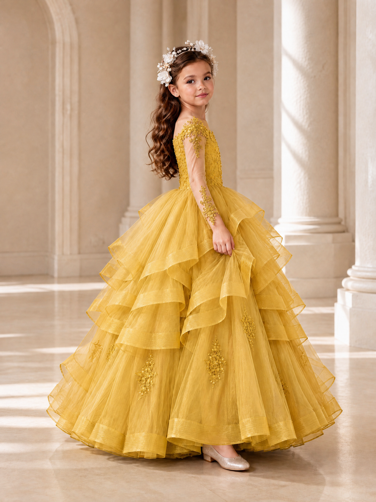 BOLODOO Gold Lace Long Sleeve Tiered Flower Girl Dress - Gold - Gold_3