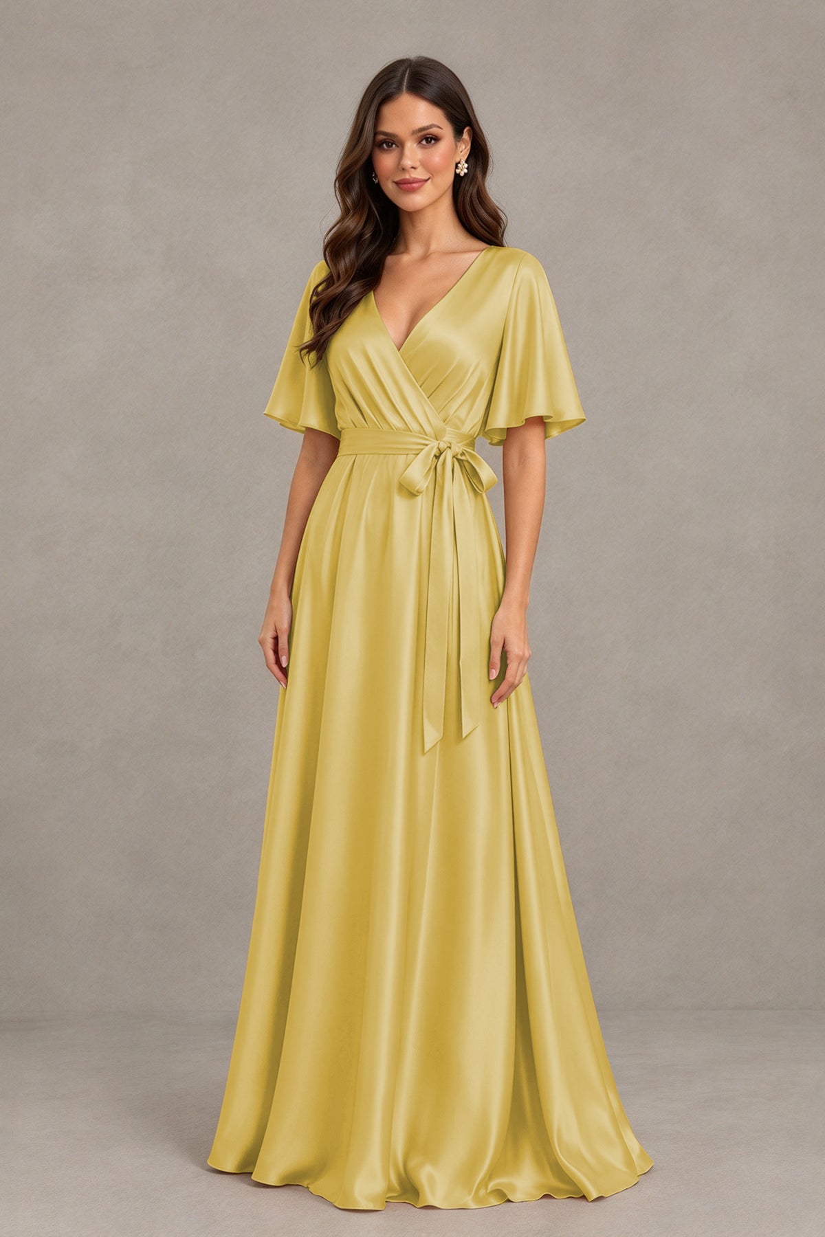 BOLODOO Gold Satin V-Neck Flutter Sleeve Bridesmaid Dress with Slit - Gold - Gold(3)
