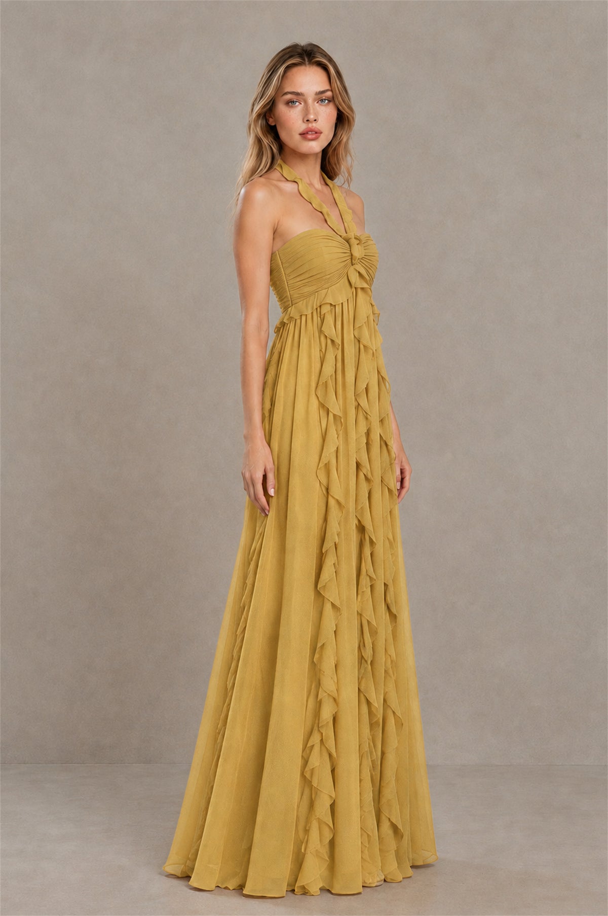 BOLODOO Gold Halter Ruffle A-Line Floor-Length Evening Dress - Gold - Gold_3