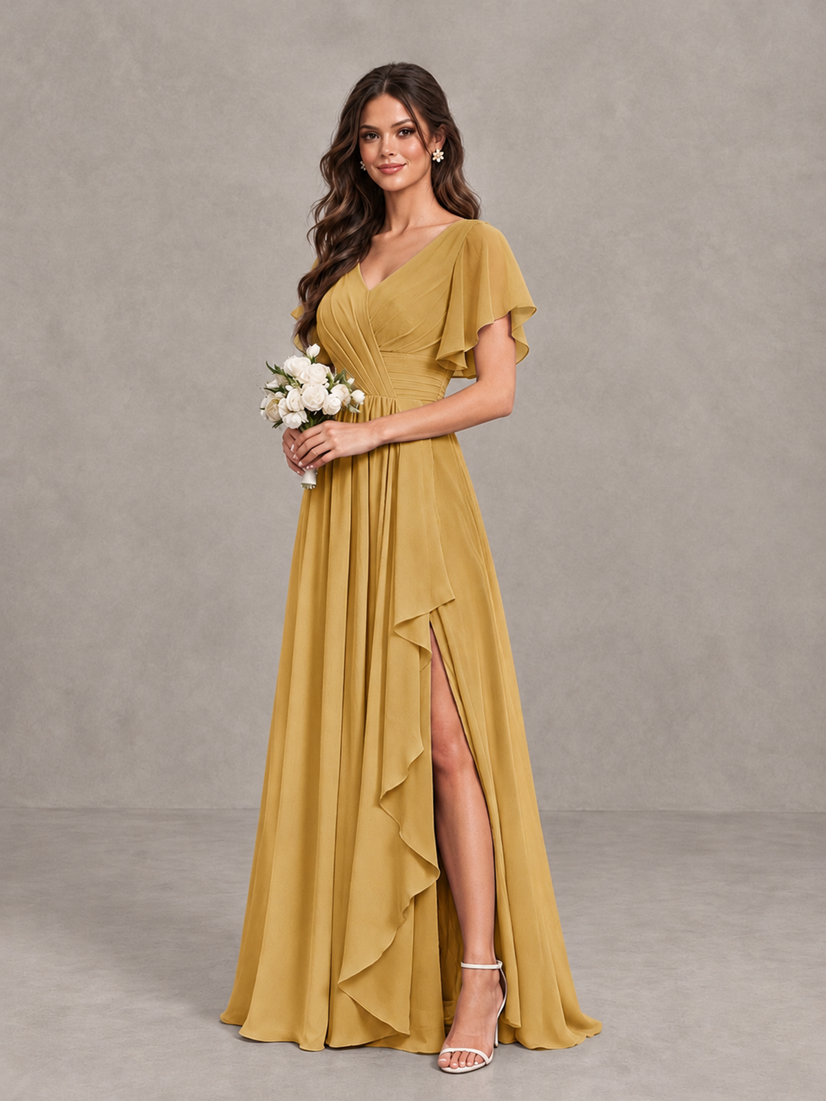BOLODOO Gold Flutter Sleeve V-Neck Bridesmaid Dress with Ruffle Slit - Gold - Gold_3