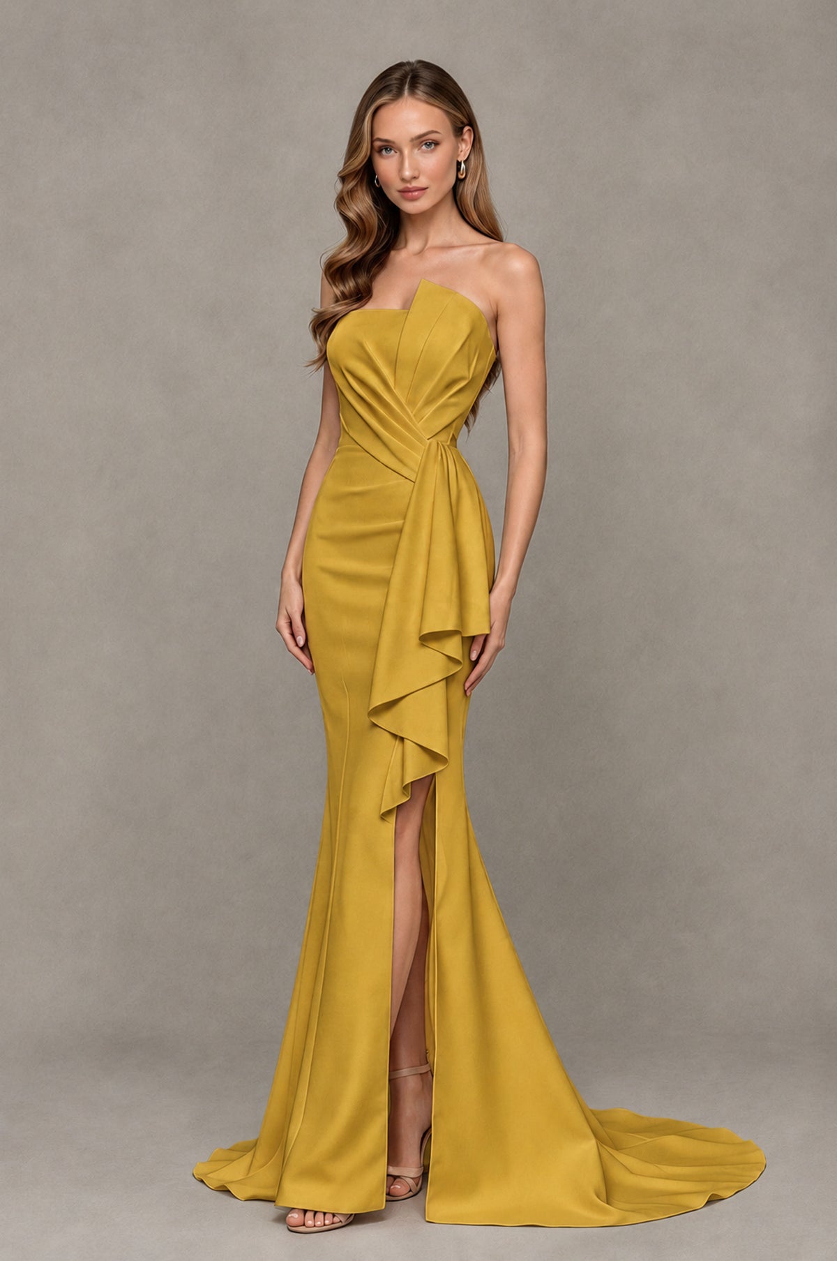BOLODOO Gold Strapless Mermaid Evening Dress with Ruffle Slit and Train - Gold - Gold_3
