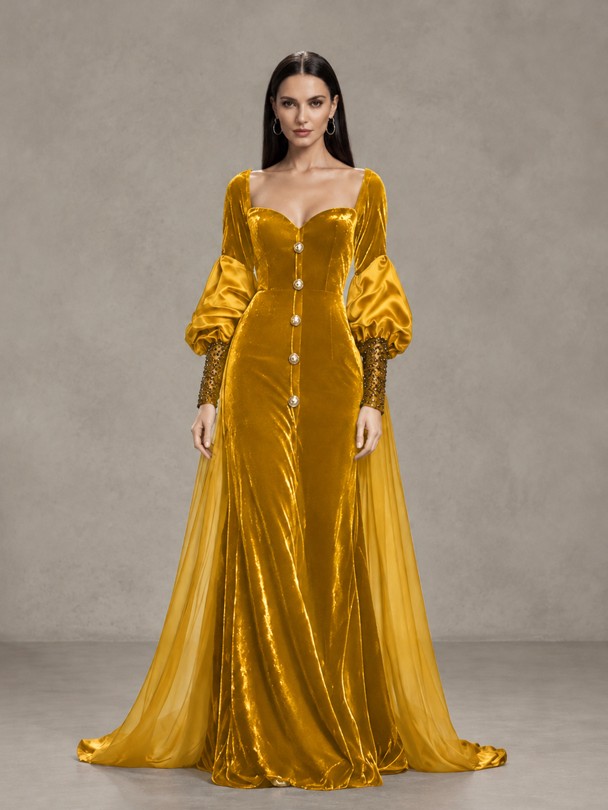BOLODOO Gold Velvet Long Sleeve Open-Back Evening Gown - Gold - Gold_3