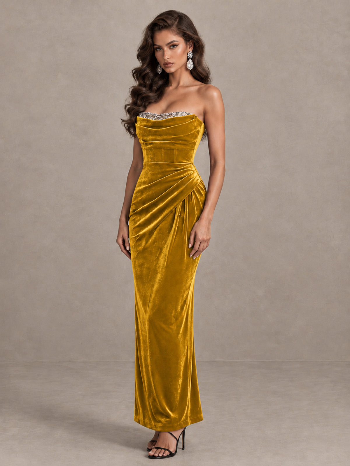 BOLODOO Gold Strapless Velvet Cocktail Maxi Dress - Gold - Gold_3