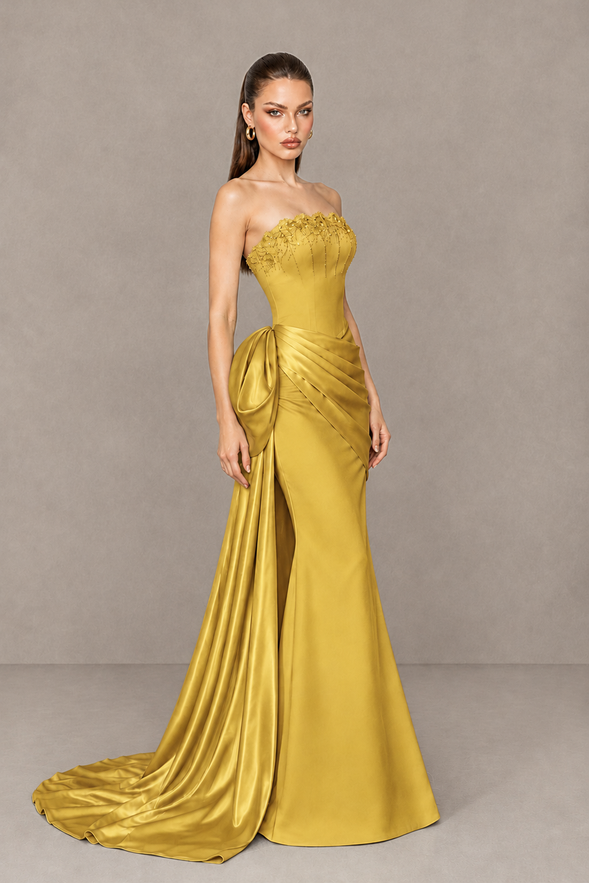BOLODOO Gold Strapless Satin Prom Dress with Draped Side Train - Gold - Gold_3