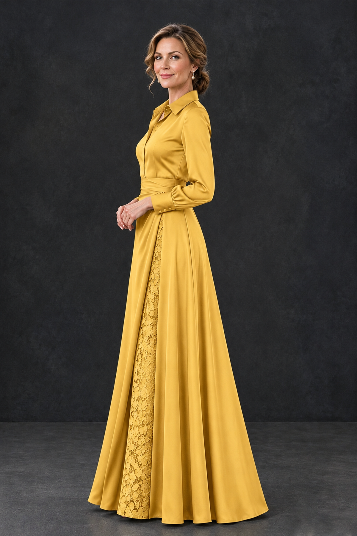 BOLODOO Gold Long Sleeve Satin-Look Lace Panel Gown - Gold - Gold_3