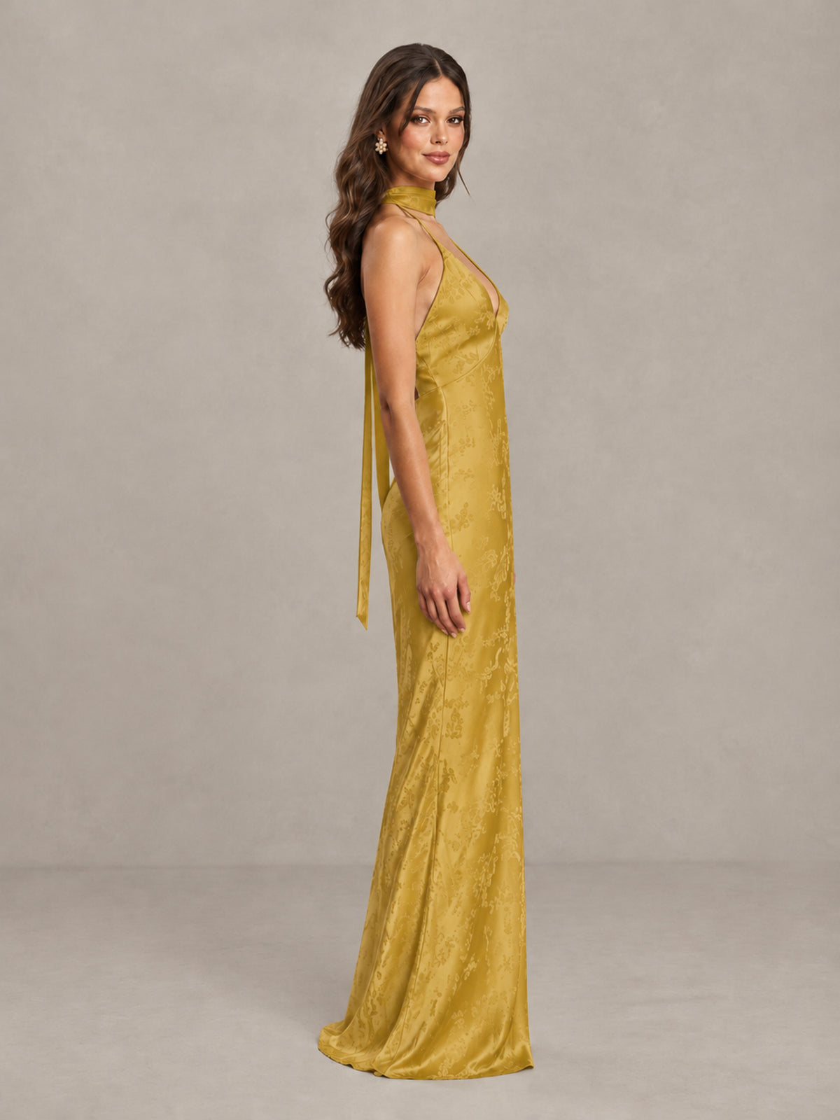 BOLODOO Gold Floral Satin Open-Back Bridesmaid Dress - Gold - Gold_3