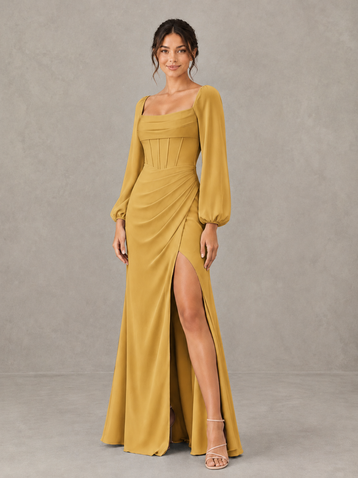 BOLODOO Gold Square Neck Long Sleeve Bridesmaid Dress with High Slit - Gold - Gold_3