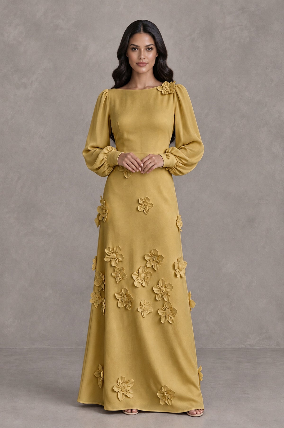 BOLODOO Gold Long Sleeve Floral Applique A-Line Evening Dress - Gold - Gold_3