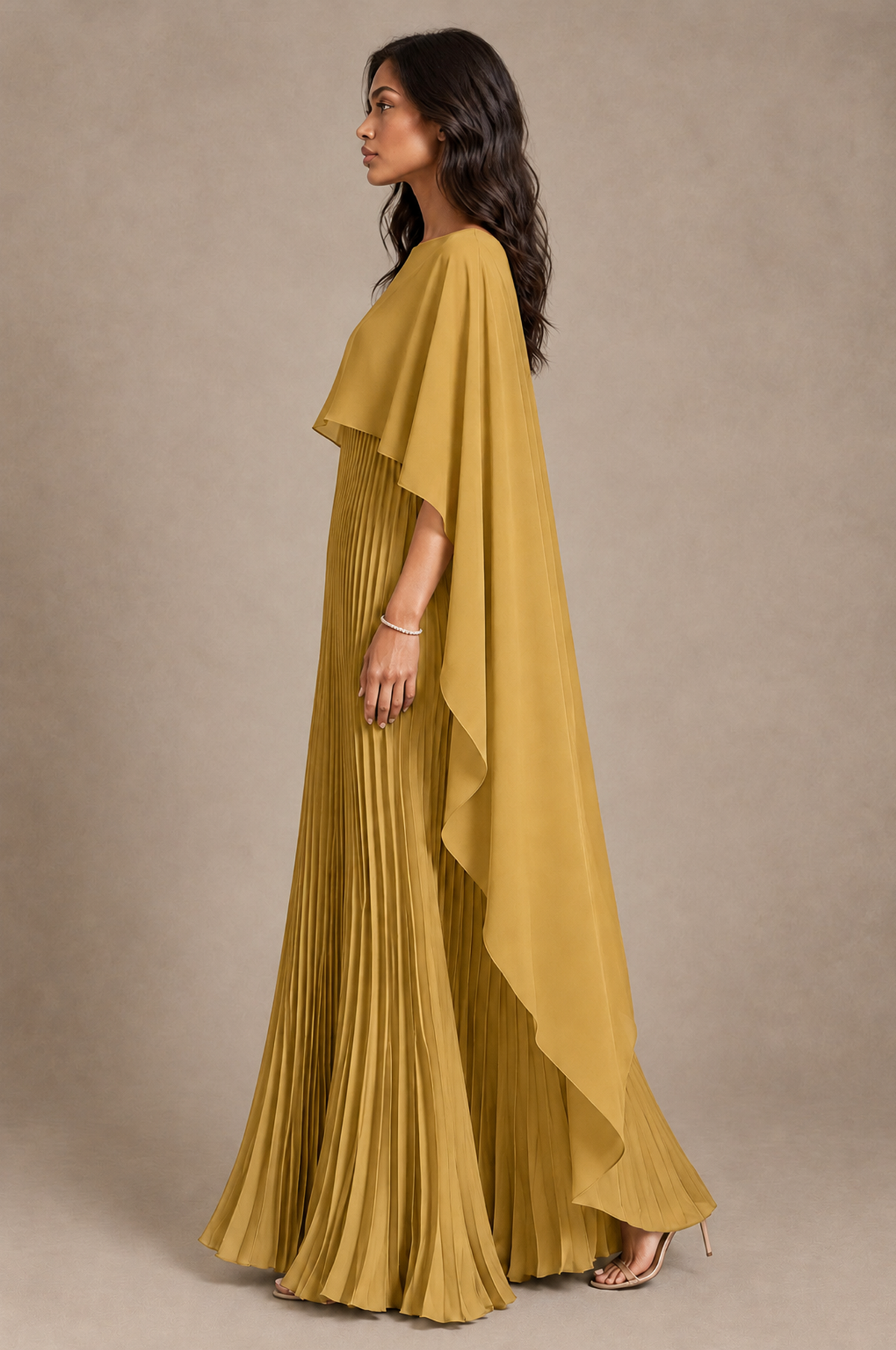 BOLODOO Gold Pleated Cape A-Line Evening Dress - Gold - Gold_3