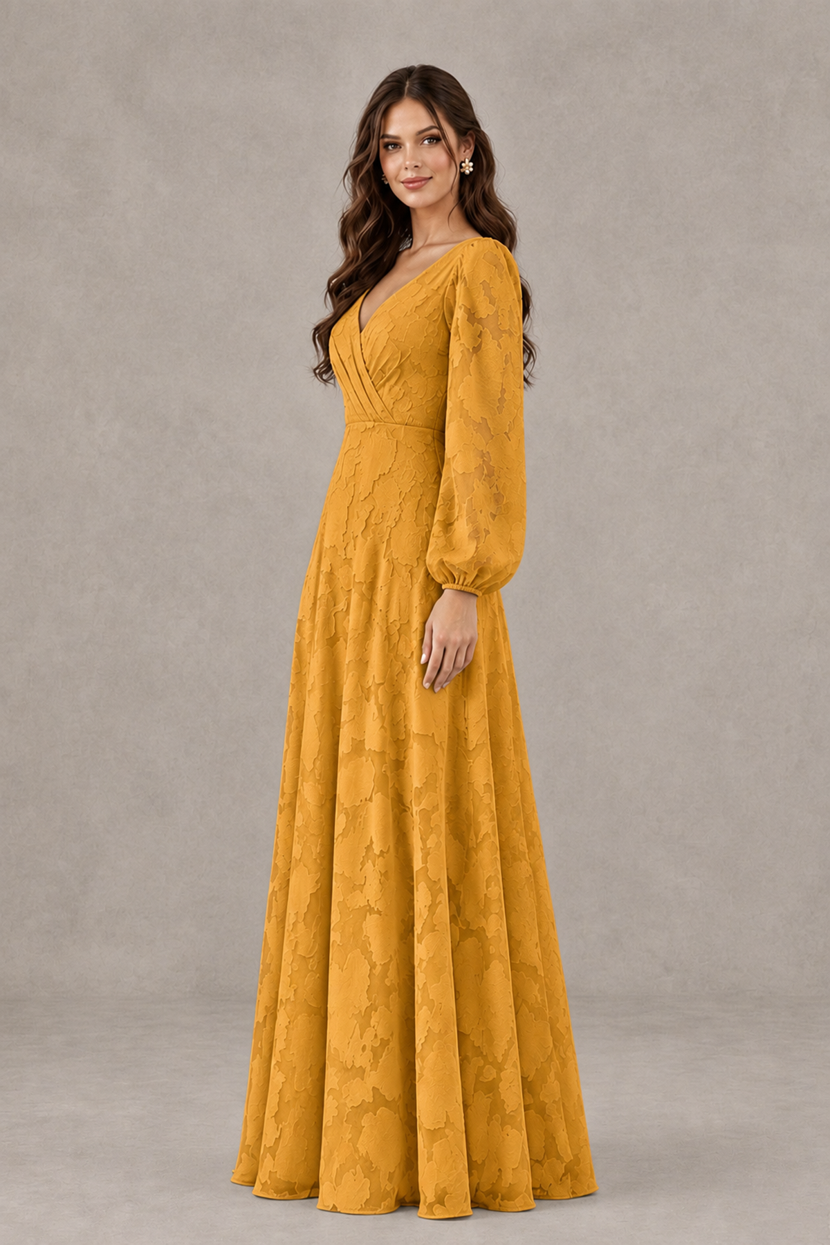 BOLODOO Gold Long Sleeve V-Neck A-Line Mother of the Bride Dress - Gold - Gold_3