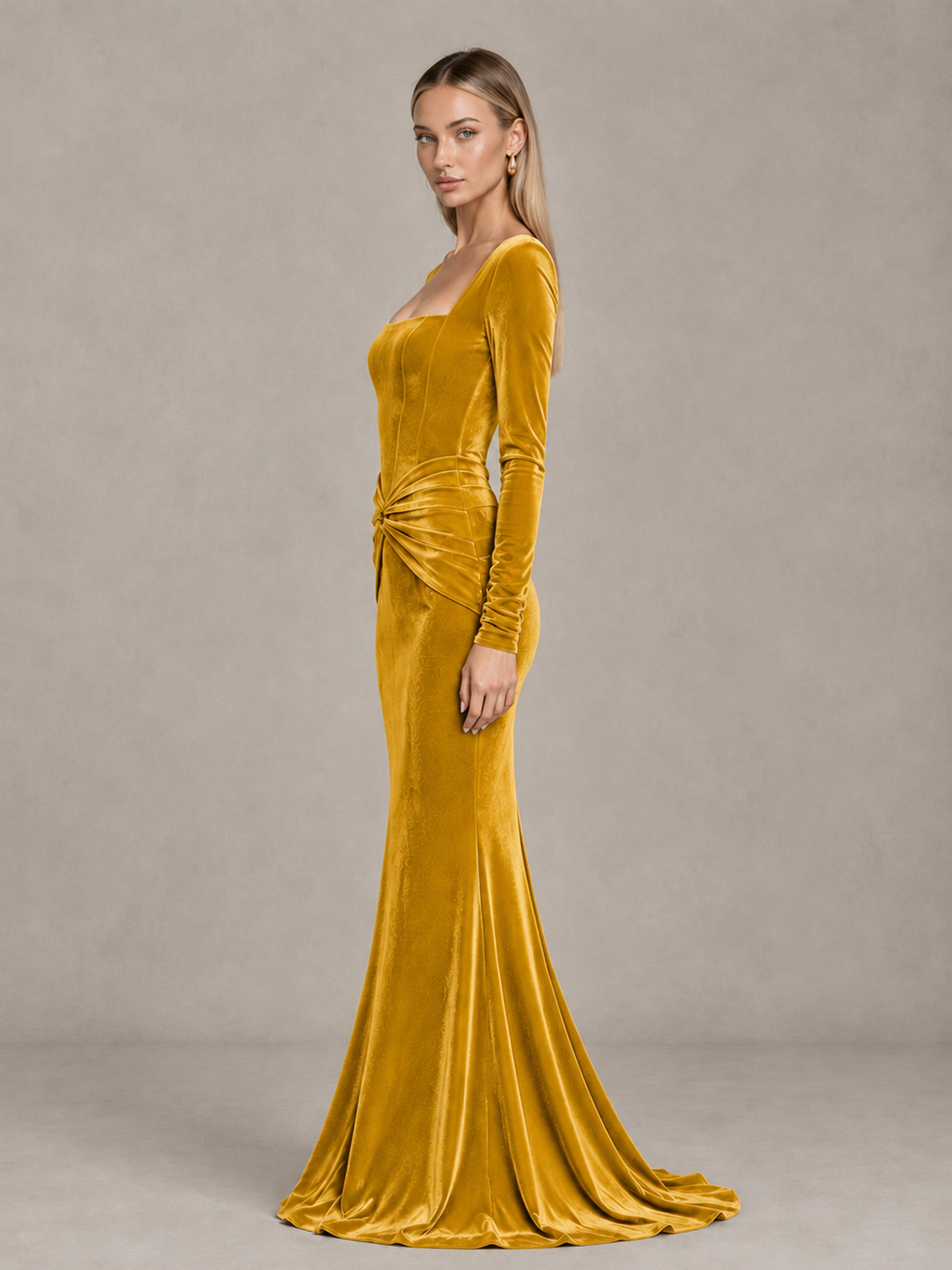 BOLODOO Gold Velvet-Look Square Neck Long Sleeve Mermaid Evening Dress - Gold - Gold_4
