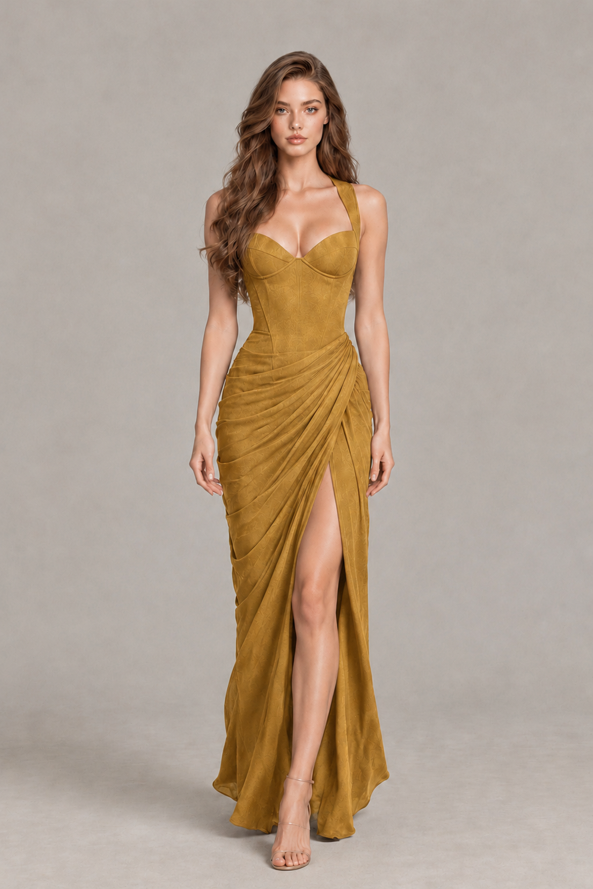 BOLODOO Gold Sweetheart Maxi Dress with High Slit - Gold - Gold_4
