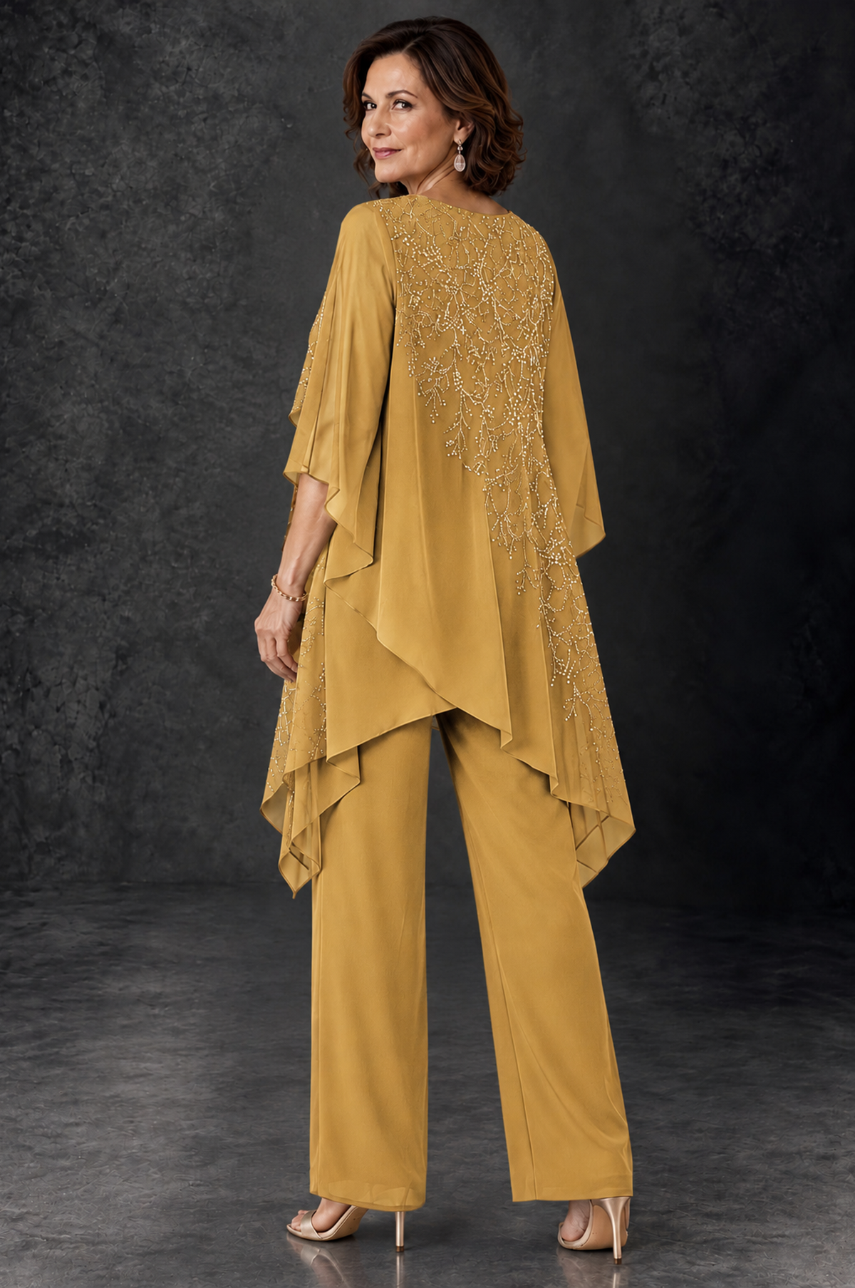 BOLODOO Gold Embellished Cape Pant Suit for Mother of the Bride - Gold - Gold_4