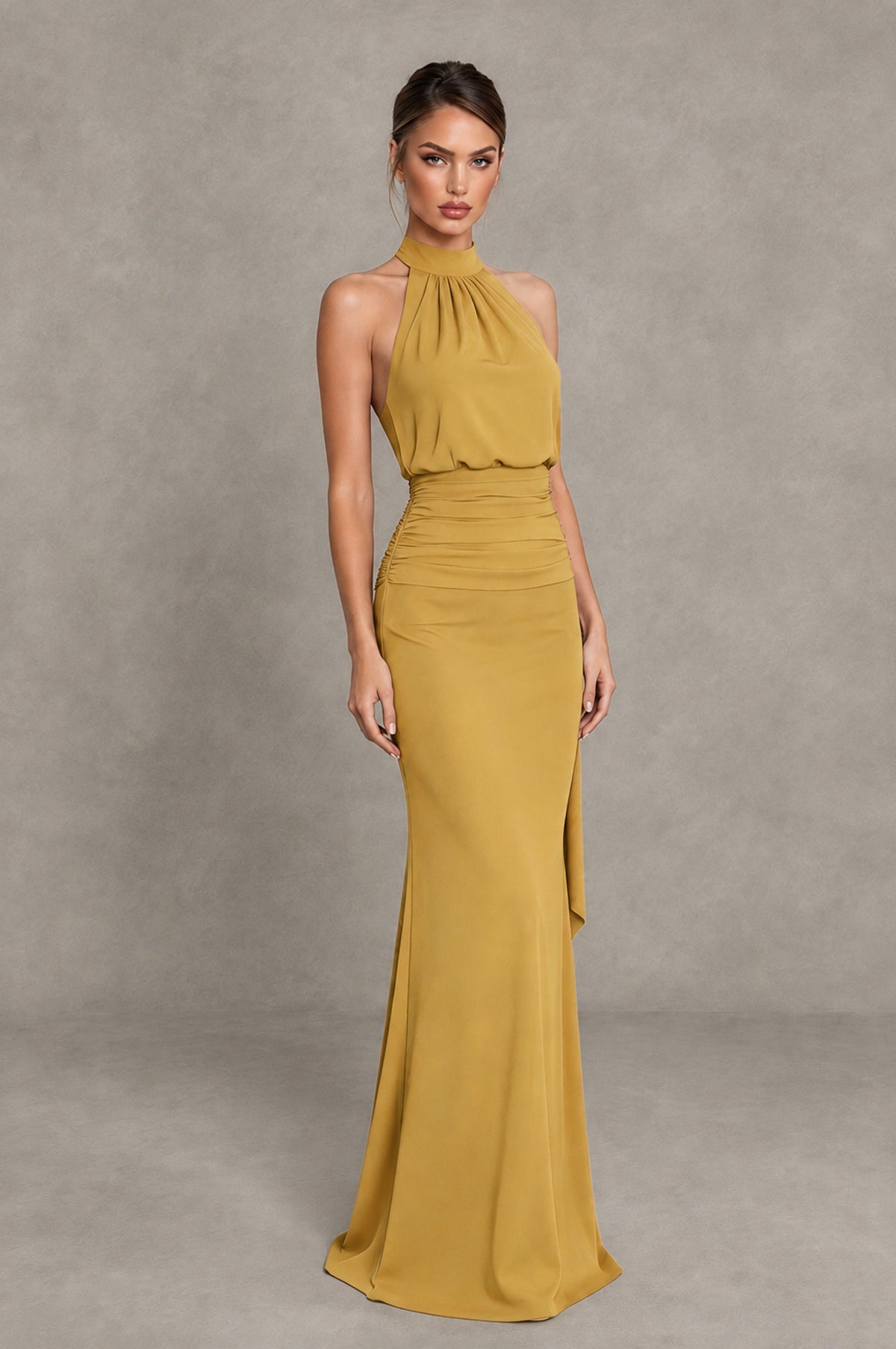 BOLODOO Gold Chiffon Halter Maxi Formal Wedding Guest Dress - Gold - Gold_4