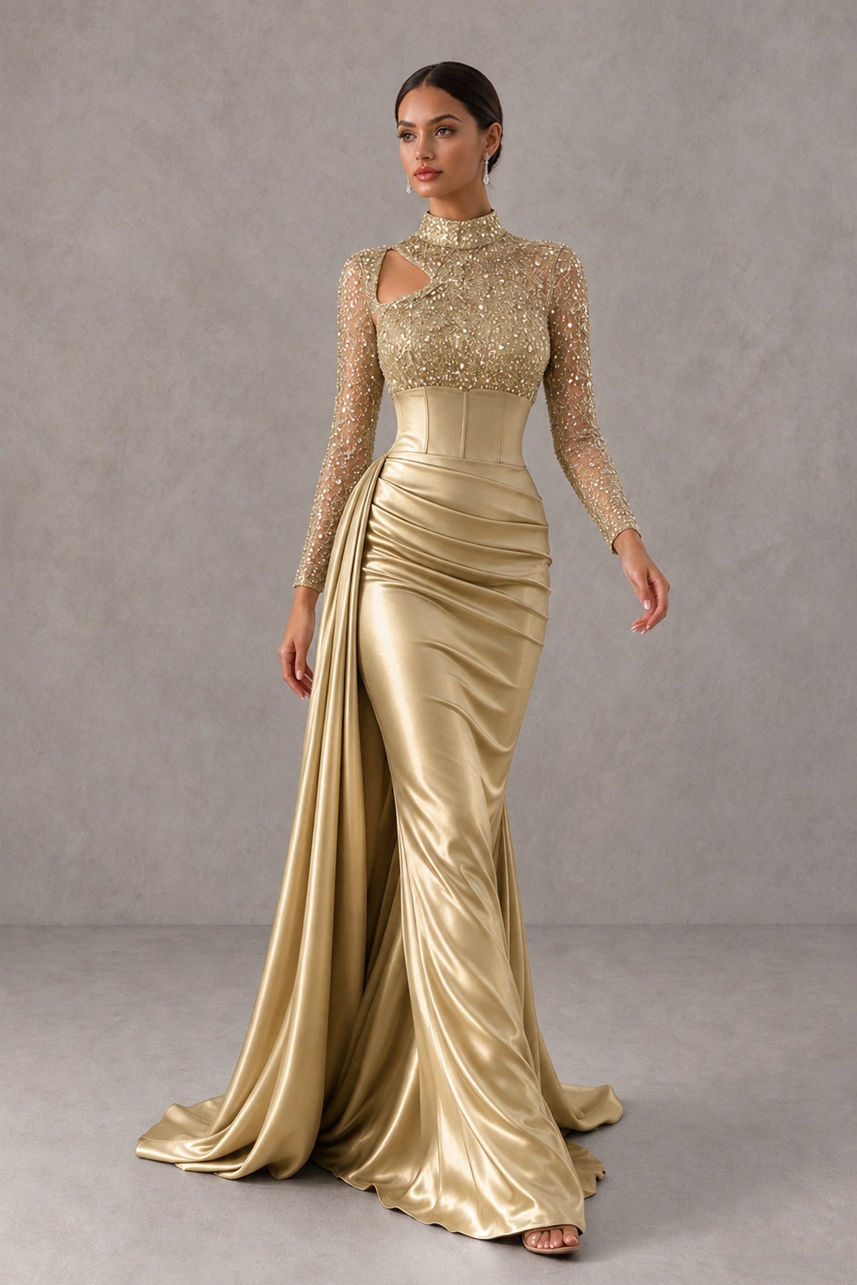 BOLODOO Gold Long Sleeve Embellished Satin Mermaid Evening Gown - Gold - Gold_4
